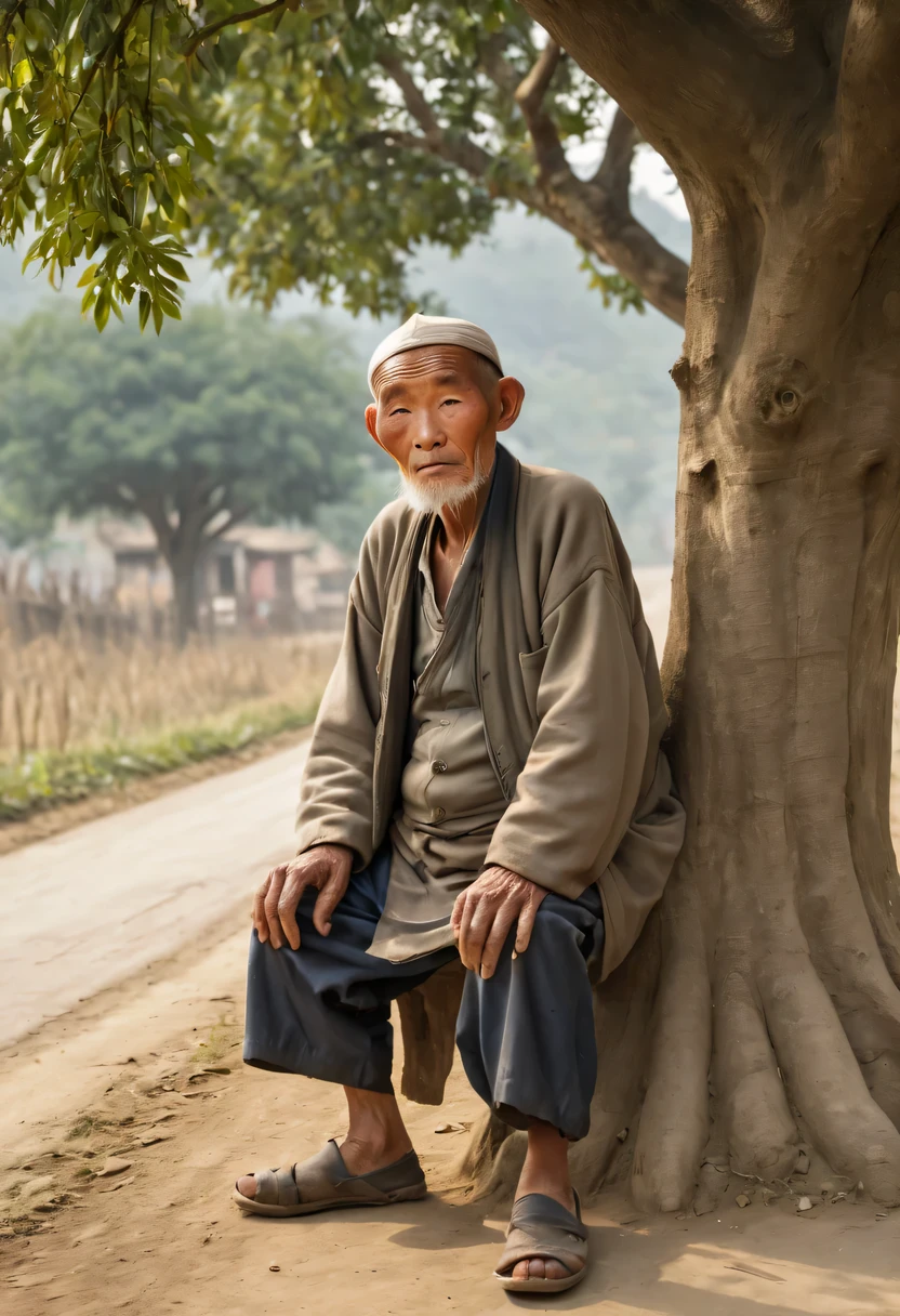 Portrait of an old man waiting under the tree at the entrance of the village,Expectant eyes,looking at the road in the distance,Rural China