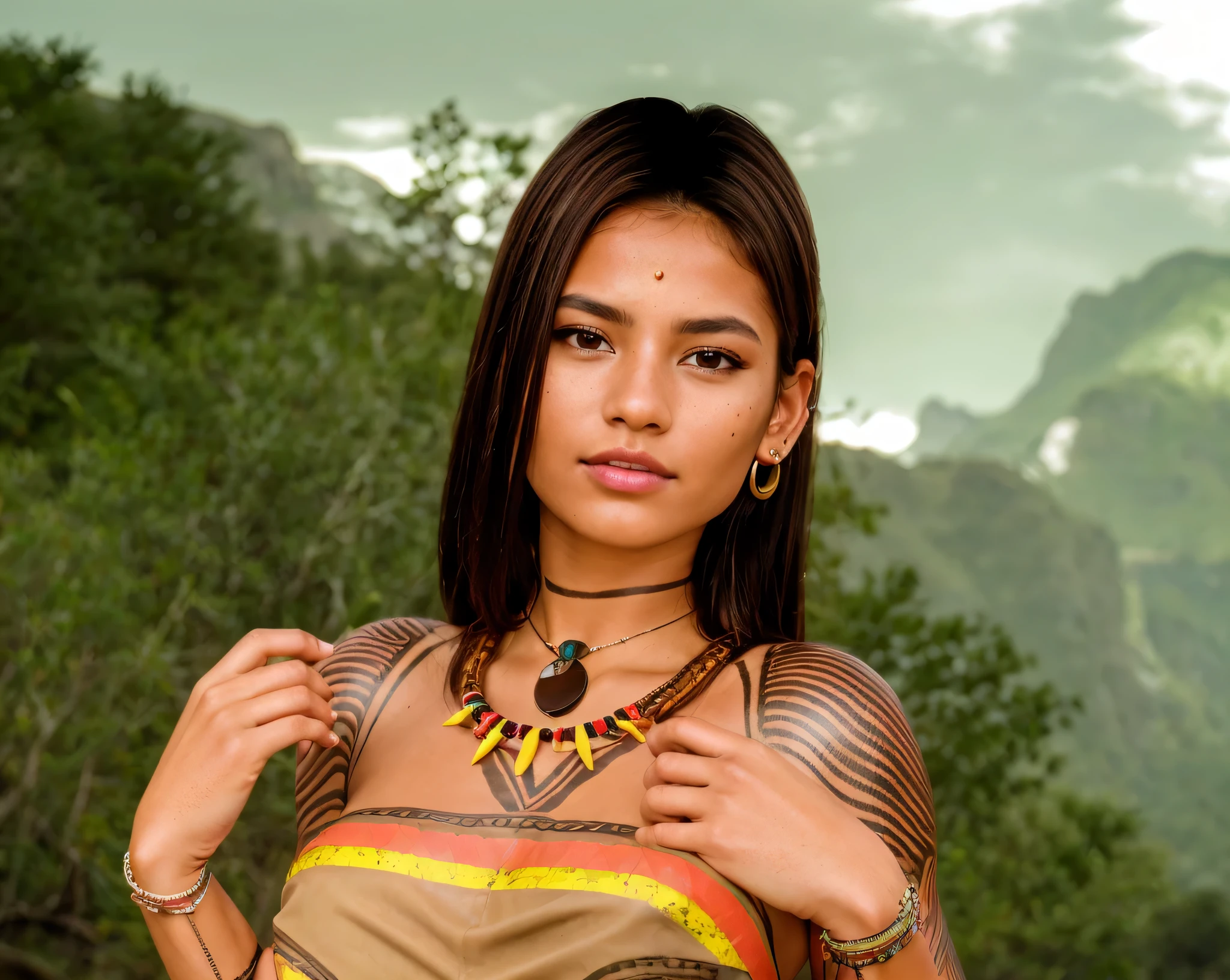 Photography of a young pretty native indigen woman. Leather top. Tribal body paint. Necklace. Bracelet. Gauged ear. Long brown hair. masterpiece, best quality, 8k, raw, canon 5d, f/1.8, iso 6400, RAW Photo, (Best Quality), (Ultra Sharp), (Ultra Realistic), (Ultra Resolution), (Ultra Detailed), (Ultra Detailed) Definition), 8k, HD, realistic image, DSLR, detailed skin, detailed face, hyper realistic, (highly detailed skin: 1.2), 8k uhd, dslr, soft lighting, high quality, film grain, Fujifilm XT3