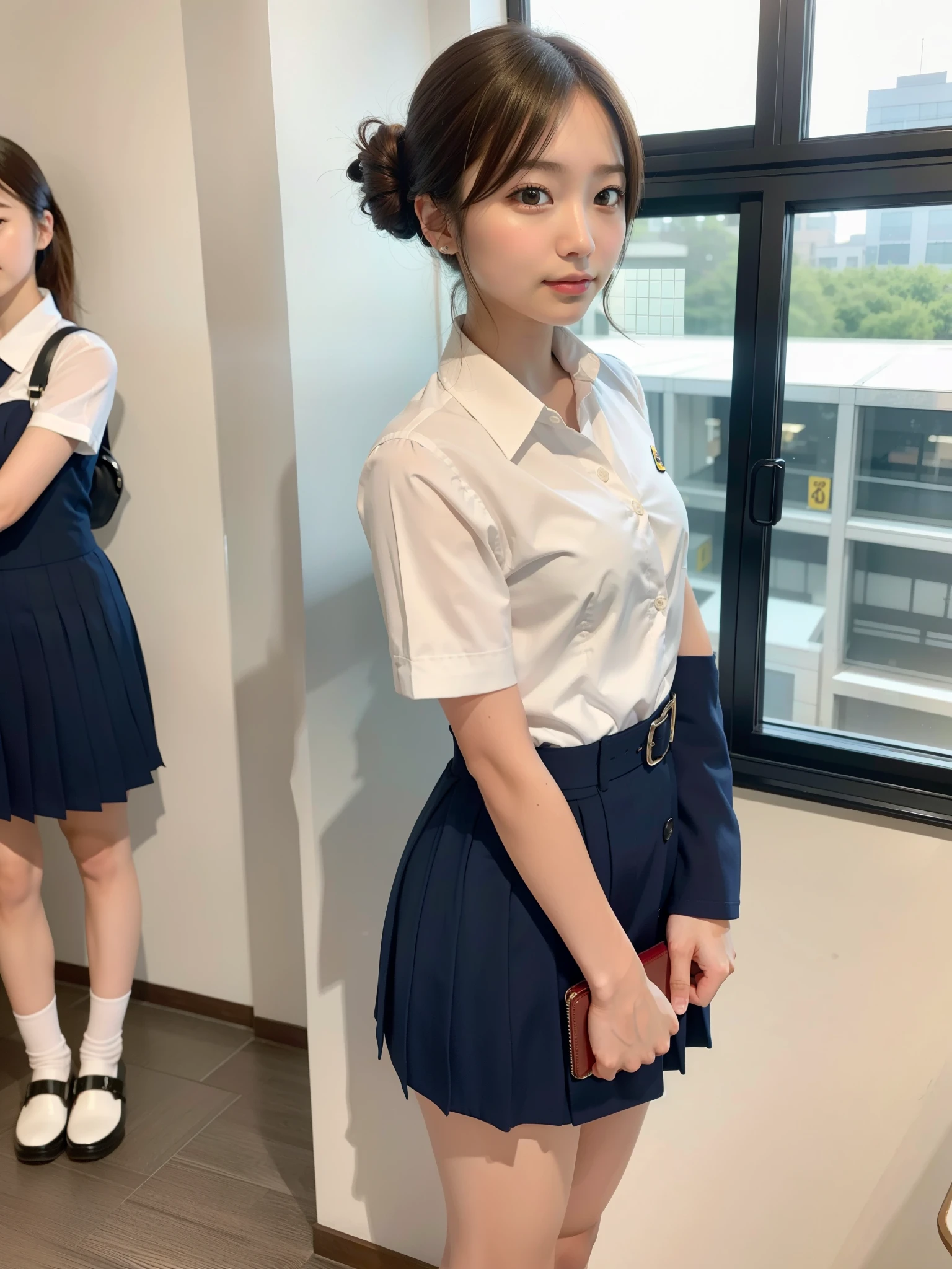 ((Best of the highest quality, 8k, Masterpiece: 1.3, raw photo)), Sharp focus: 1.2, (1 AESPA girl: 1.1), (Solo: 1.18), (realistic, photo-realistic:1.37), face focus, cute face, (Small breasts, flat chest, Thigh: 1.3), short messy hair, updo, (Beautiful flight attendant, japan Girls' High School uniforms), standing airport, terminal