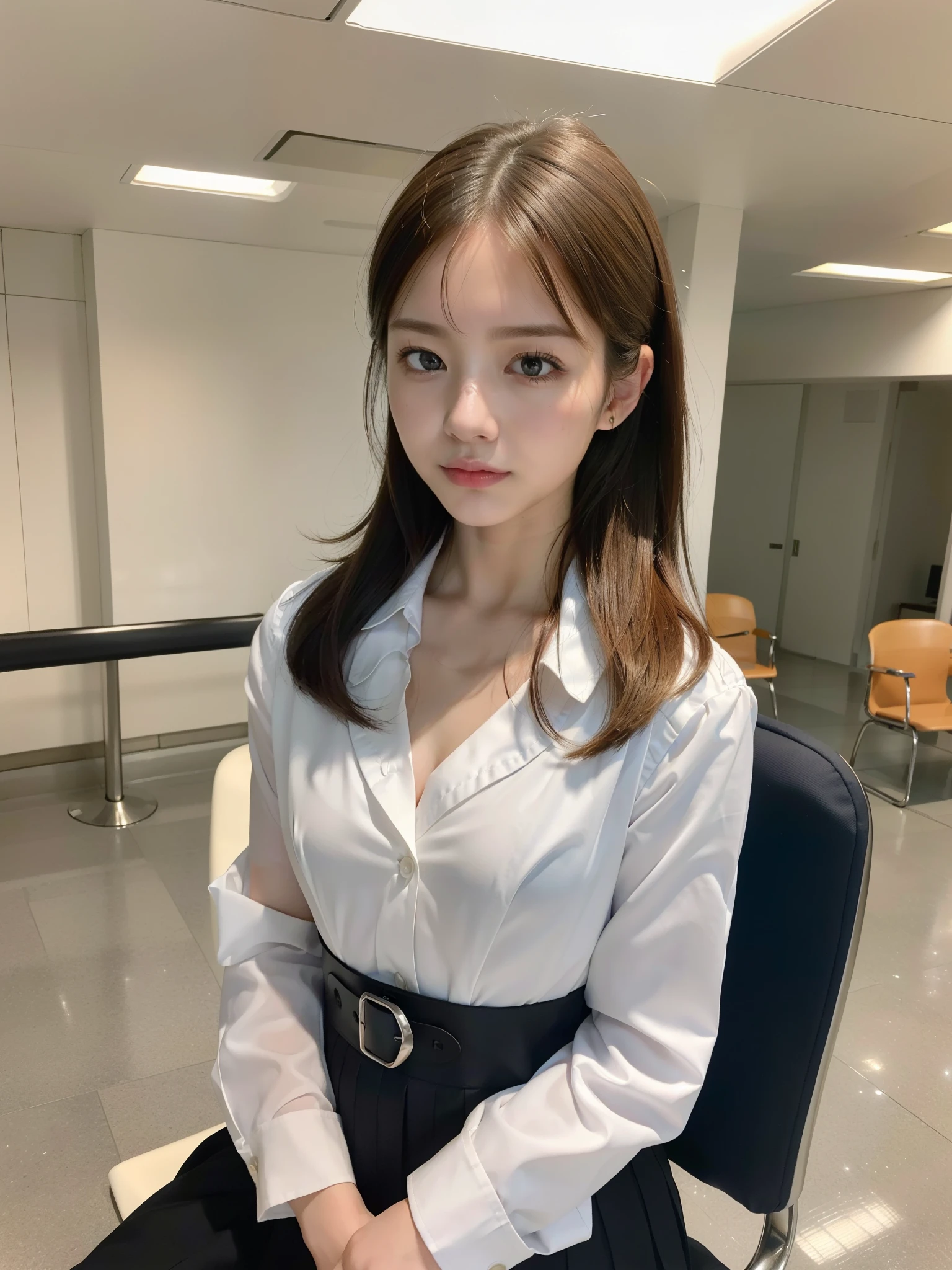 ((Best of the highest quality, 8k, Masterpiece: 1.3, raw photo)), Sharp focus: 1.2, (1 AESPA girl: 1.1), (Solo: 1.18), (realistic, photo-realistic:1.37), face focus, cute face, (Small breasts, flat chest, Thigh: 1.3), short messy hair, updo, (Beautiful flight attendant, japan Girls' High School uniforms), airport, terminal