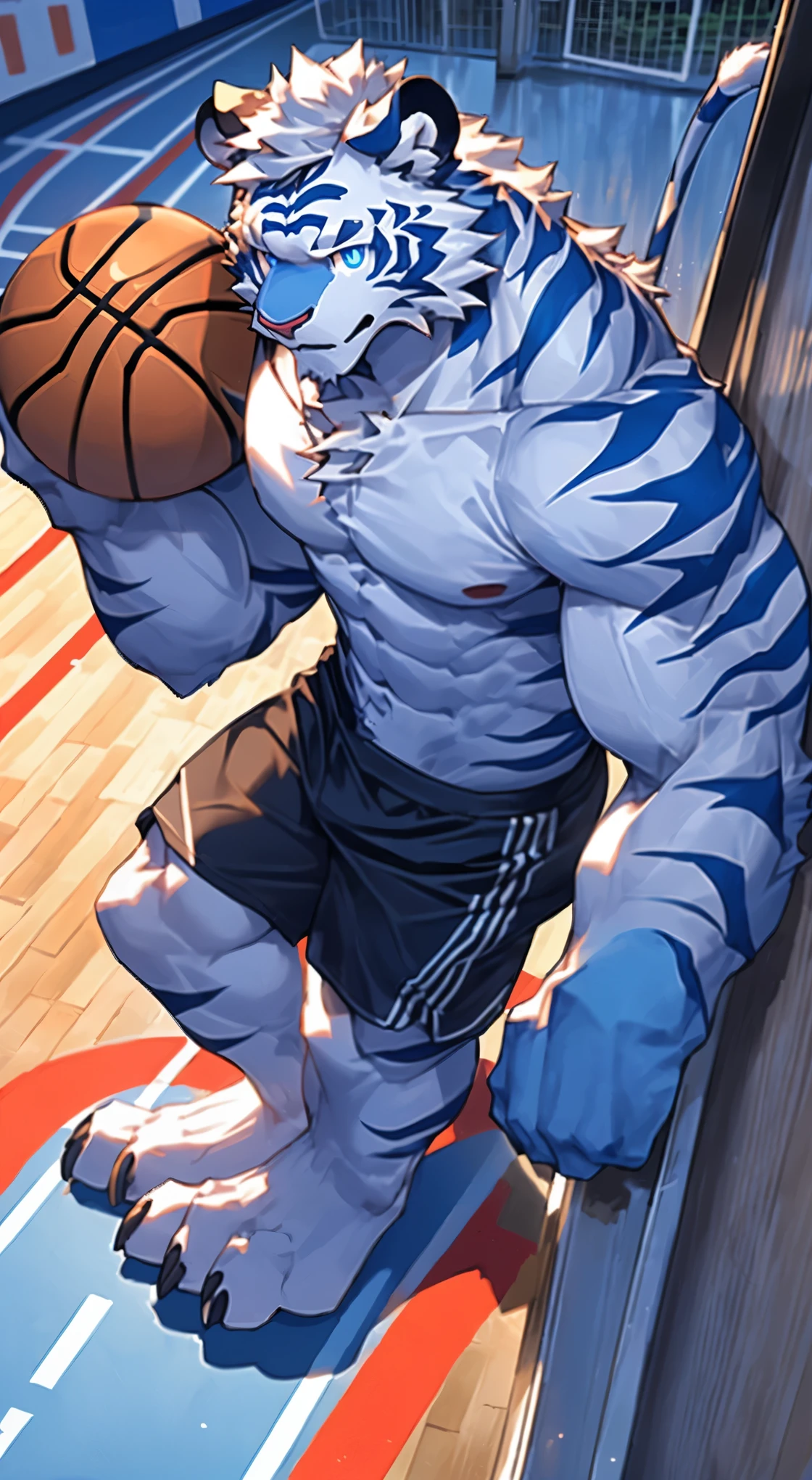 furry，Bright Eyes，delicate eyes，hairy，the white tiger，solo focus，Tail，Claw，Theropods，tiger feet，Tiger claw，tiger&#39;s feet，Feet，Bug&#39;s Eye View， On the basketball court，一头the white tiger，White tiger，Whole body，White fur，Black stripes，male，high school student，sports student，tough guy，Rough man，Humble，Lovely，Handsome，sunny，august，Domineering，Tall and strong，Large pectoral muscles，8-pack abs，Blue pupils，Blushing，Shy，nervous，half naked，Shirtless，shirtless，no clothes are worn，barefoot，erectile，tempting，Wearing blue and white sports shorts，alone，intoxicated，pant，in motion，Playing basketball