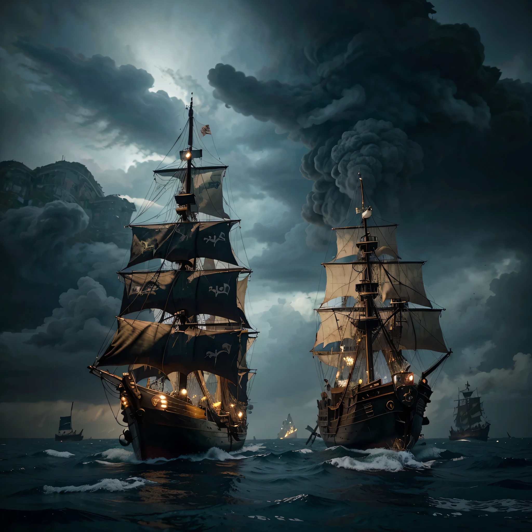 pirate ship in the middle of a large body of water, gothic ship on ocean, sea of thieves style, on a pirate ship background, an impossibly huge pirate ship, the flying dutchman, sea of thieves, pirate ship, pirate, old pirate ship, pirate ship in background, a ship lost in a storm, a pirate, pirate themed