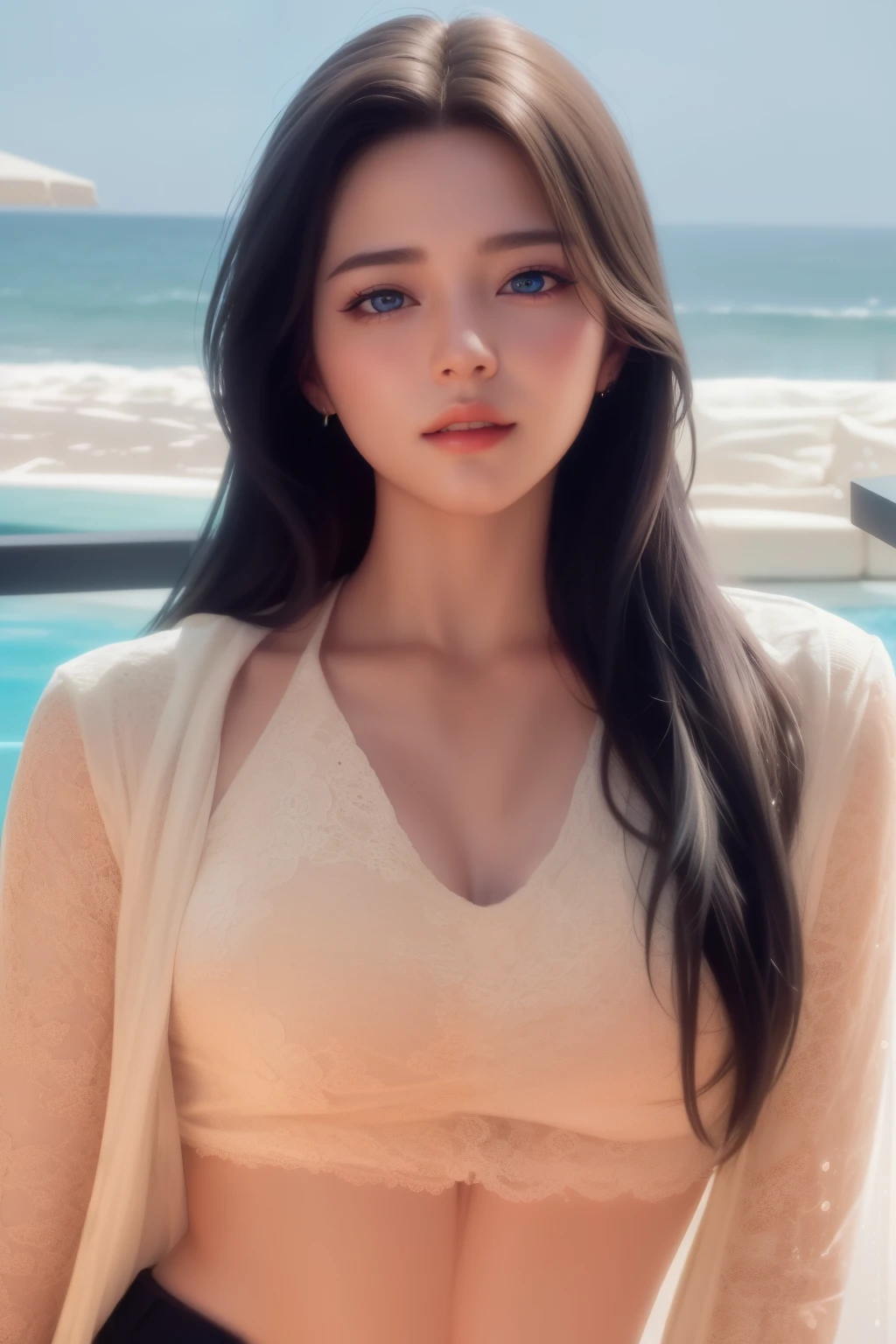 Beautiful big breastokeh), indoors, detailed luxury living room, gentle and charming beautiful goddess, Korean(kpop-idol), solo, necklace, oval face, double eyelids, smart, good hands, good feet, Natural, (from below angle), (glossy skin:1.05), ((low angle)), Perfect figure, (64k, UHD, RAW photo, best quality, masterpiece:1.4), (realistic, photo-realistic:1.37), ultra high res, photon mapping, radiosity, physically-based rendering, professional soft lighting, blue eyes, purpel hair