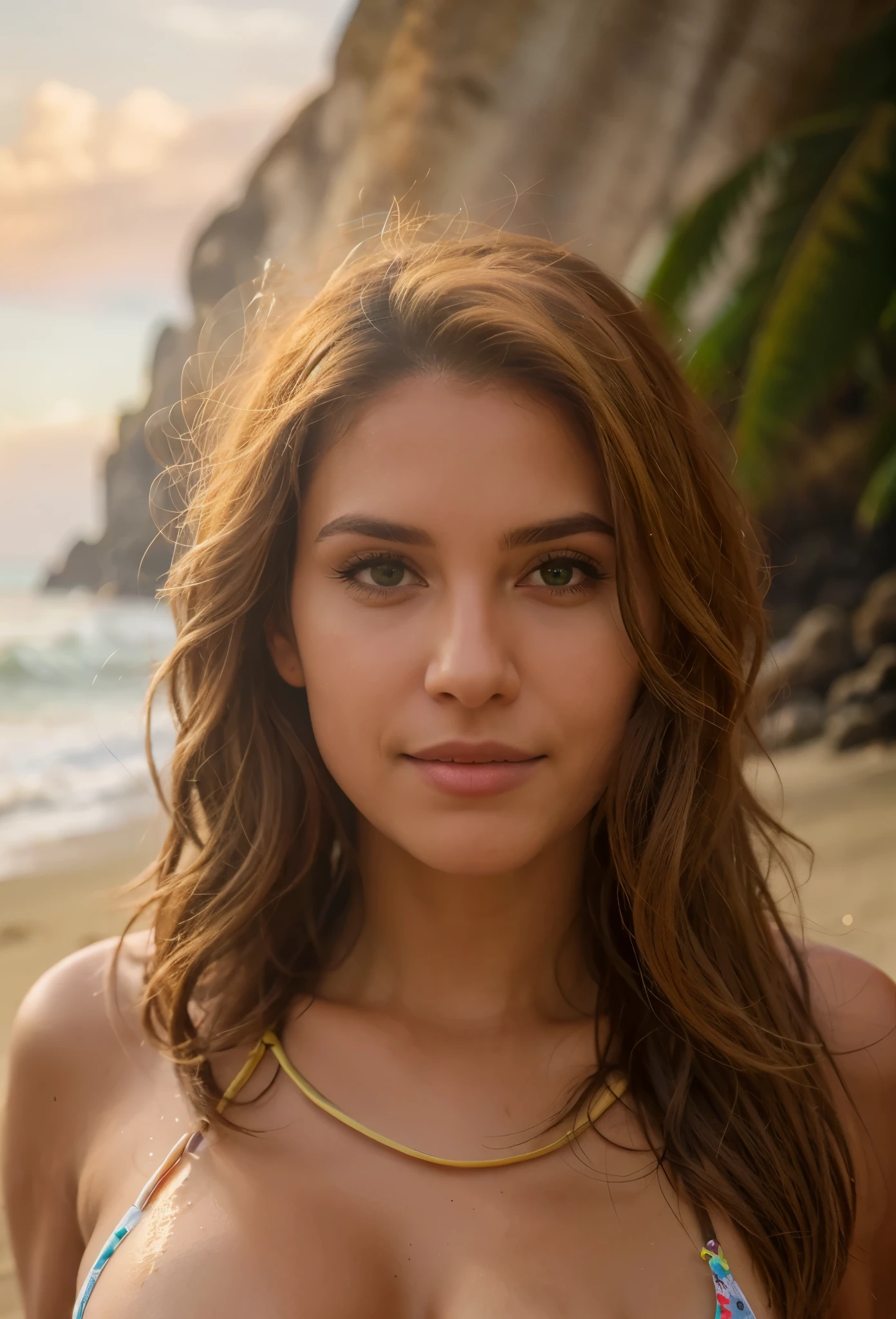 8k, extremely detailed picture on the beach in Brasil. Wearing a bikini. 