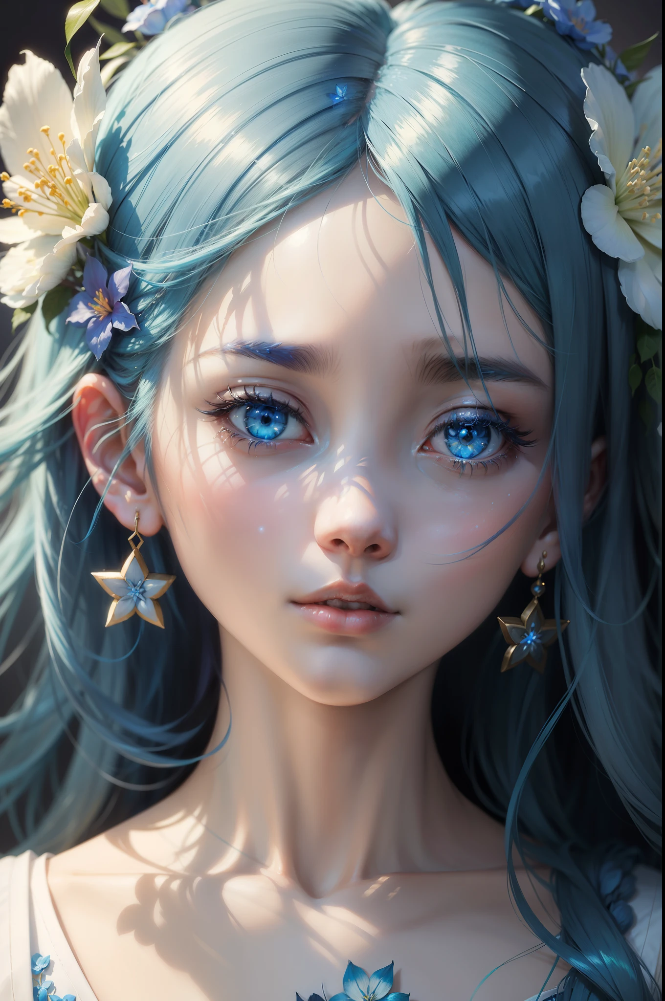 an anime girl with blue hair and blue flowers, in the style of the stars art group (xing xing), classic portraiture, dark white and light gold, realistic lighting, delicate flora depictions, luminous reflections, close up