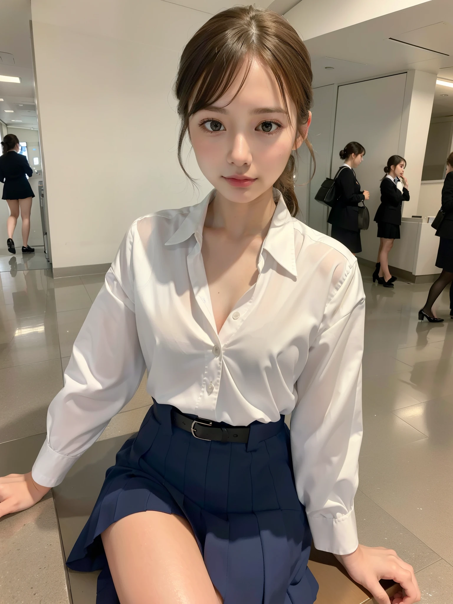 ((Best of the highest quality, 8k, Masterpiece: 1.3, raw photo)), Sharp focus: 1.2, (1 AESPA girl: 1.1), (Solo: 1.18), (realistic, photo-realistic:1.37), face focus, cute face, (Small breasts, flat chest, Thigh: 1.3), short messy hair, updo, (Beautiful flight attendant, japan Girls' High School uniforms), airport, terminal