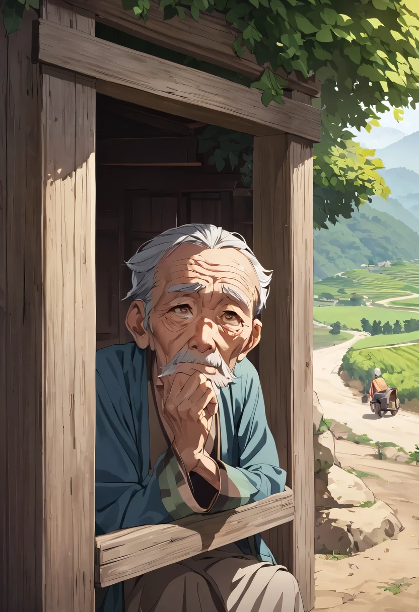 Portrait of an old man waiting under the tree at the entrance of the village，Expectant eyes，looking at the road in the distance，Rural China