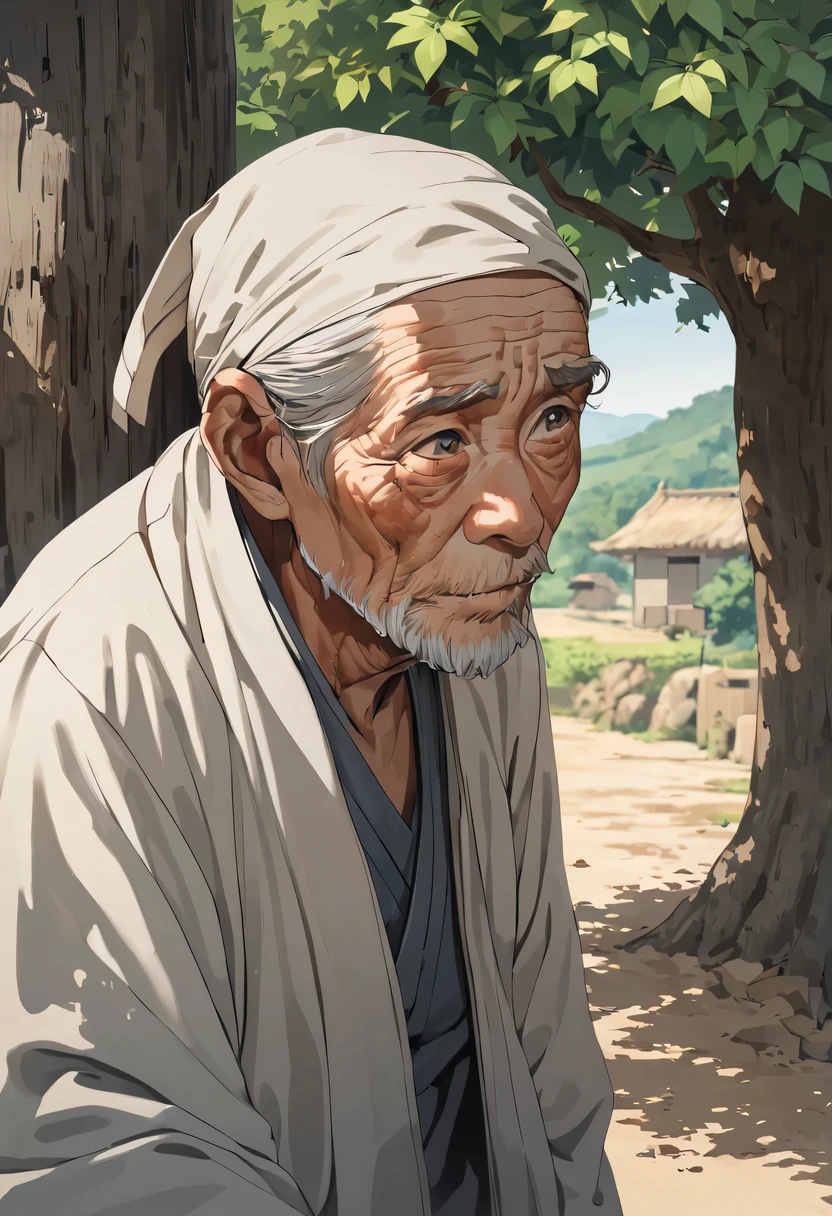 Portrait of an old man waiting under the tree at the entrance of the village，Expectant eyes，looking at the road in the distance，Rural China