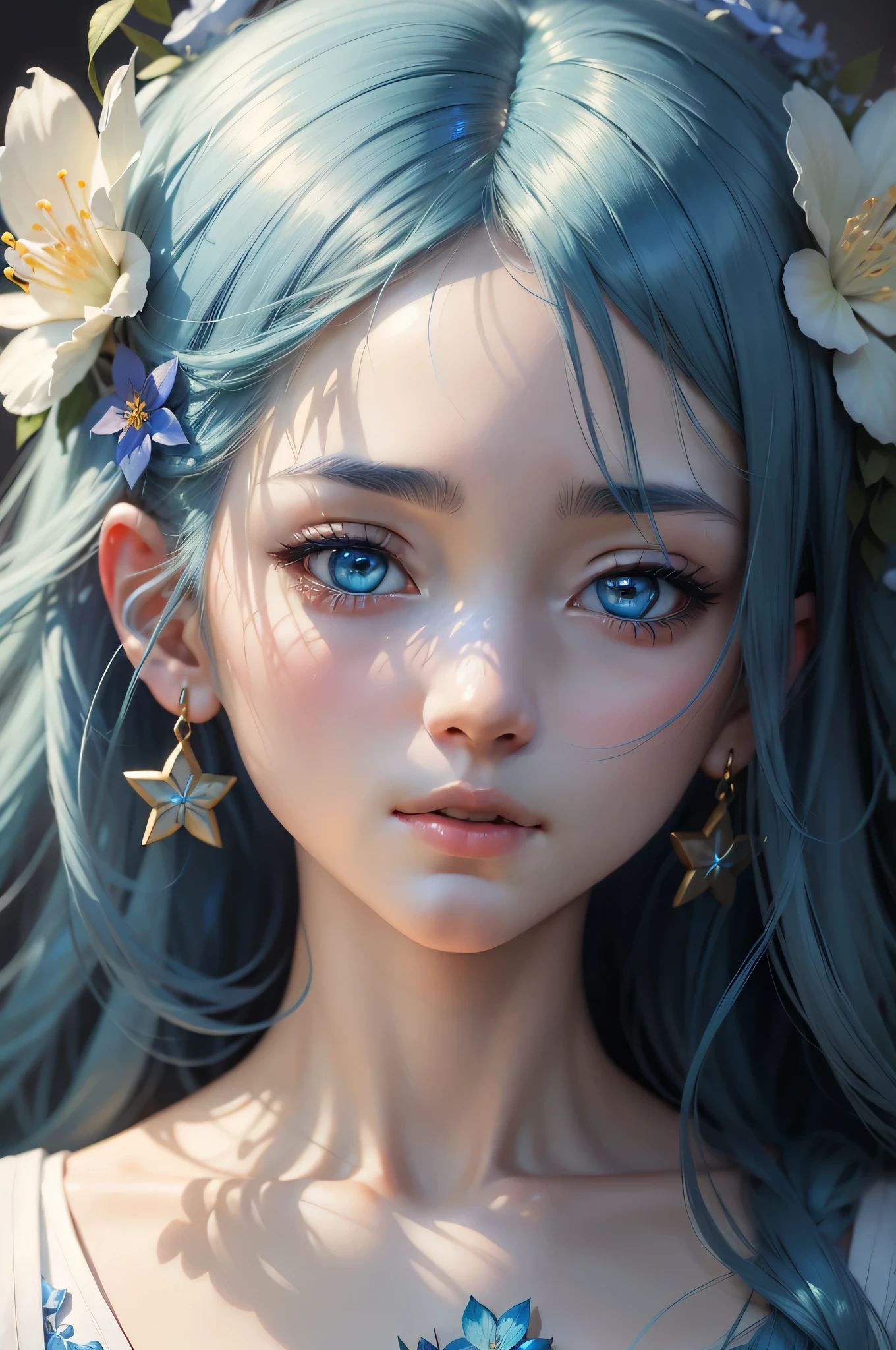 an anime girl with blue hair and blue flowers, in the style of the stars art group (xing xing), classic portraiture, dark white and light gold, realistic lighting, delicate flora depictions, luminous reflections, close up