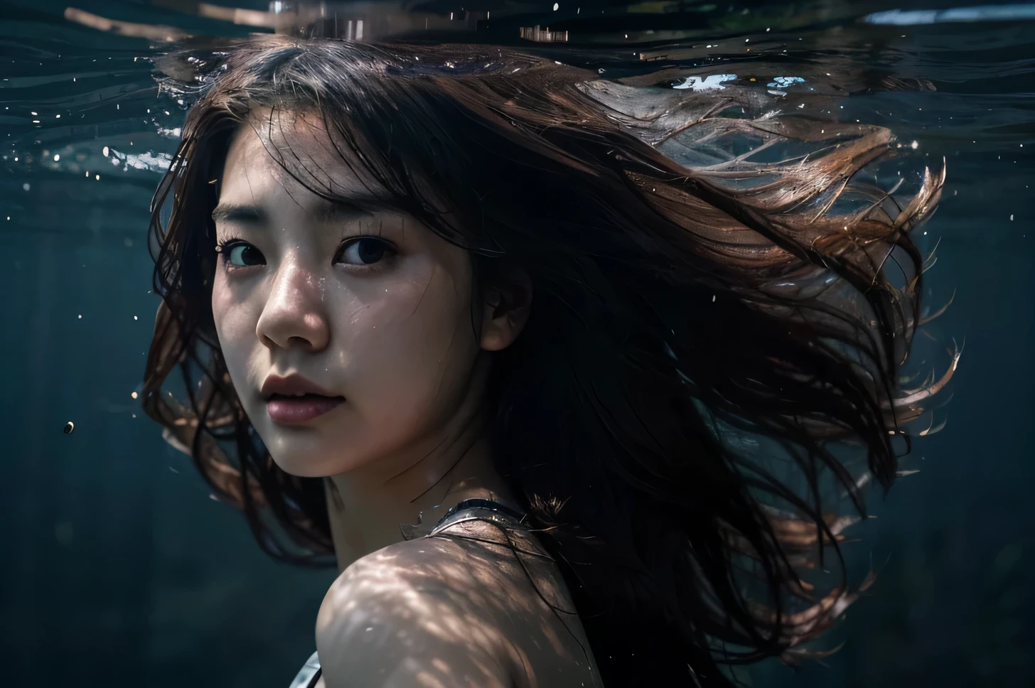 korean girl 22 years old, beautiful, drawning in the water, facing to the camera, underwater, her hairs blown by the wind, dark color tone, cinematic, dramatic lighting, movie scene, panic expression, taken with DSLR camera, ultra realistic photo, real and detailed, depth of field, full HD