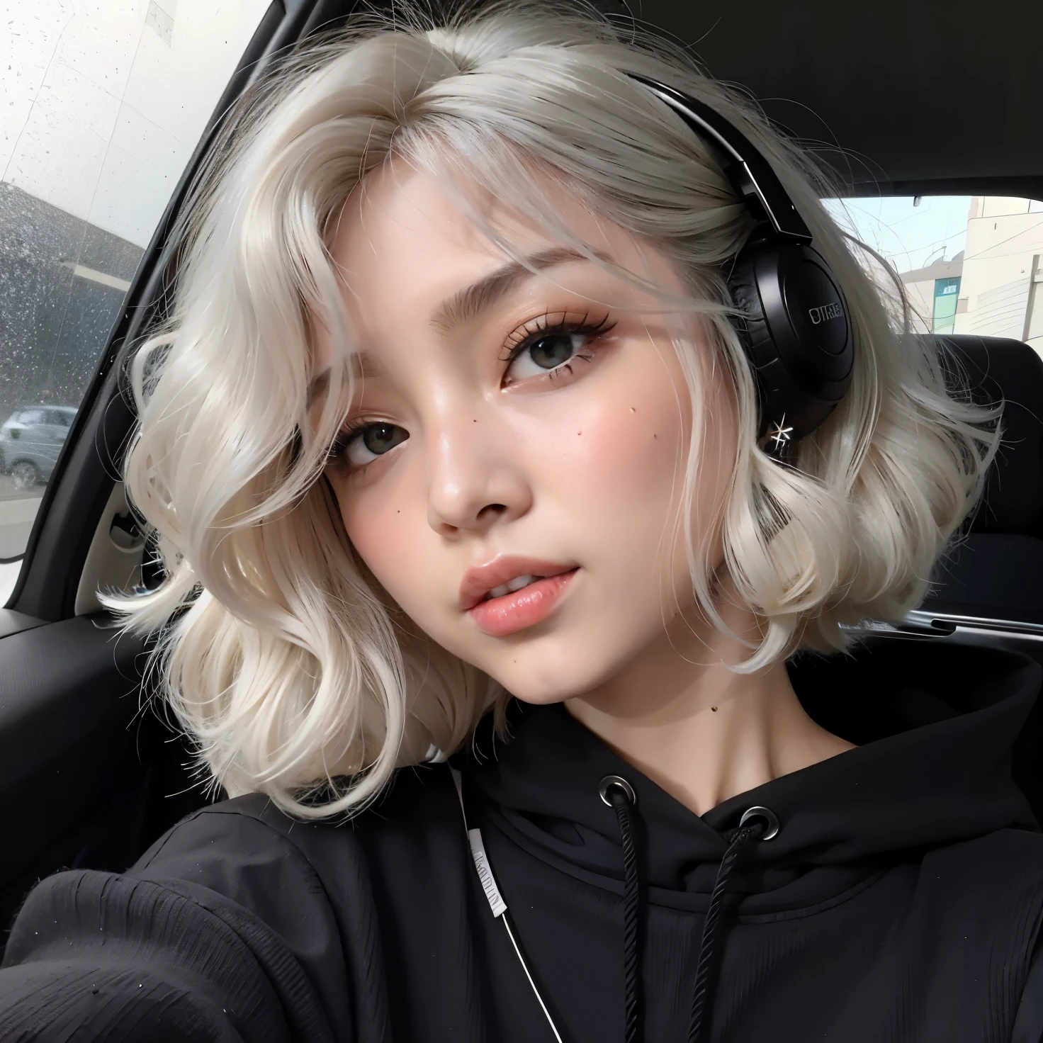 um close de uma pessoa usando fones de ouvido em um carro, com cabelo branco curto, perfect cabelos brancos girl, cabelo prateado, cor de cabelo branco, com cabelo branco, her hair is white, cabelo branco cacheado, lindo cabelo branco, penteado com corte hime branco, messy wavy white hair, garota de cabelo prateado, cabelo branco prateado, uma garota tem cabelo branco, cabelos brancos