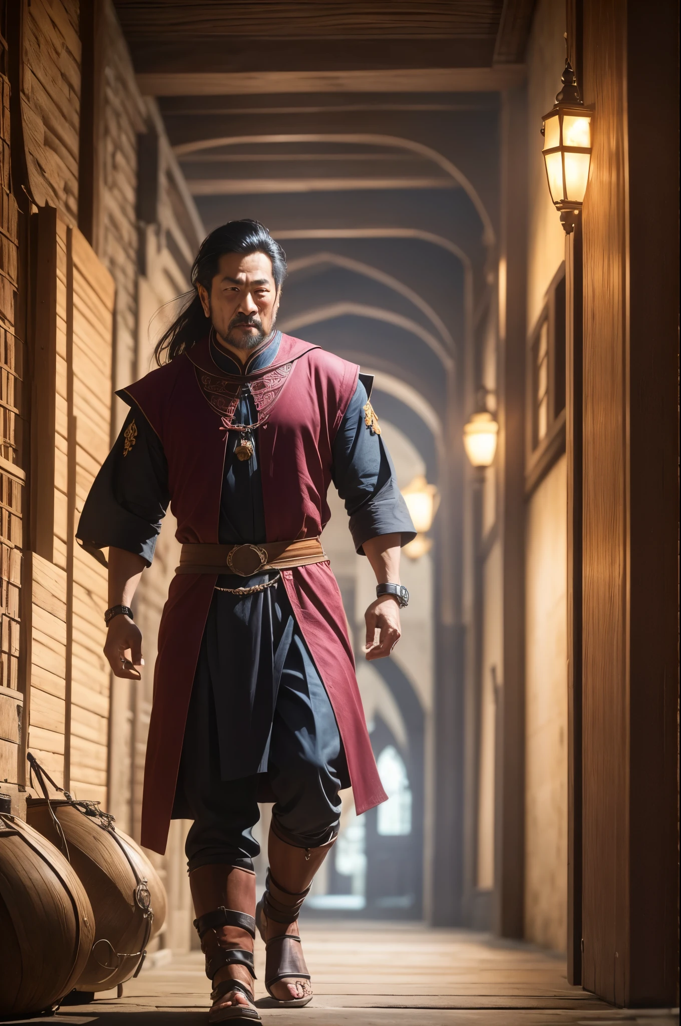Asian merchant doing business in medieval city, Asian medieval free trade full of products on the floor, corpo todo, reflexos de lente, eixos leves, detalhes intrincados, altamente detalhado, volumetric lighting, 4K rendering, foto, Hiper-realista, texturas realistas, dramatic lighting, motor irreal.