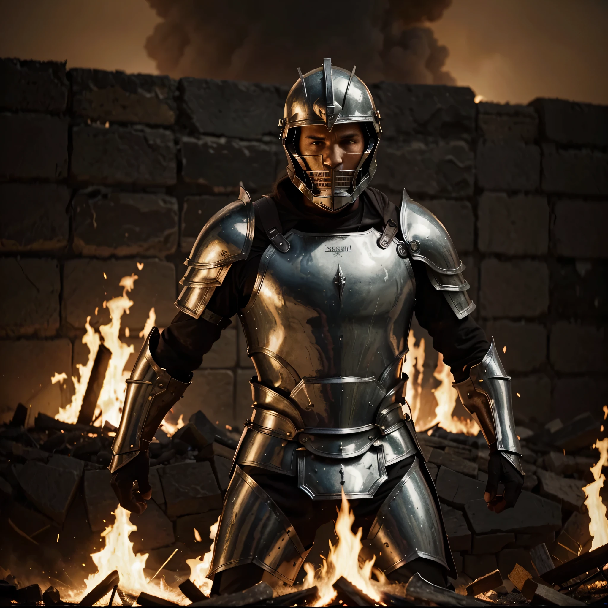 a close up of a man in armor standing in front of a fire, leading spartans into battle, epic battlescene, in screenshot from the 300 movie, epic battle scene, stunning vfx, dressed in spartan armour, epic cinematic shot, ready for battle, heroic battle scene, epic cinematic still, invading army background, dramatic epic cinematic lighting, cinematic epic shot