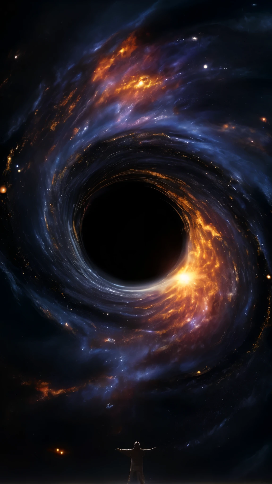 a man standing in front of a black hole with a bright light, black hole time portal, black hole in space, inside of a black hole, is being drawn into a blackhole, black hole event horizon, coming out of a black hole, luminous black hole portal, worm hole, abstract black hole in space, interstellar black hole, black hole