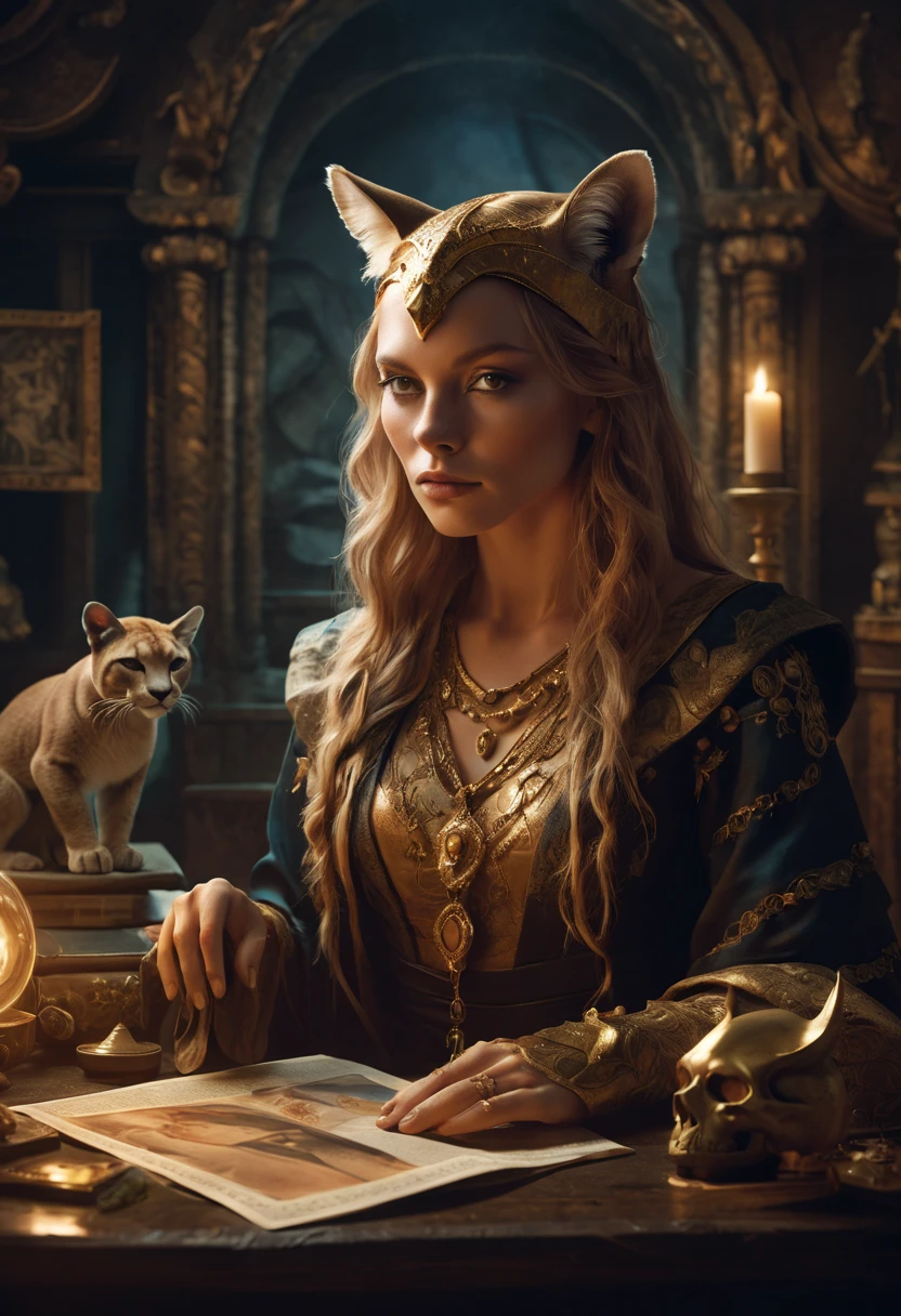 drawing showcasing an anthropomorphic puma named Svetlana Maltseva as a sorceress, attire in tatters revealing a sensual sexual aura, surrounded by enigmatic artifacts, composition thriving in ambient shadows and atmospheric, dramatic luminosity akin to a matte painting movie poster, aligned with the golden ratio, brimming with details rivaling an octane rendering, envisioned in 8K resolution, photorealistic concept art bathed in soft, volumetric light, undercurrent