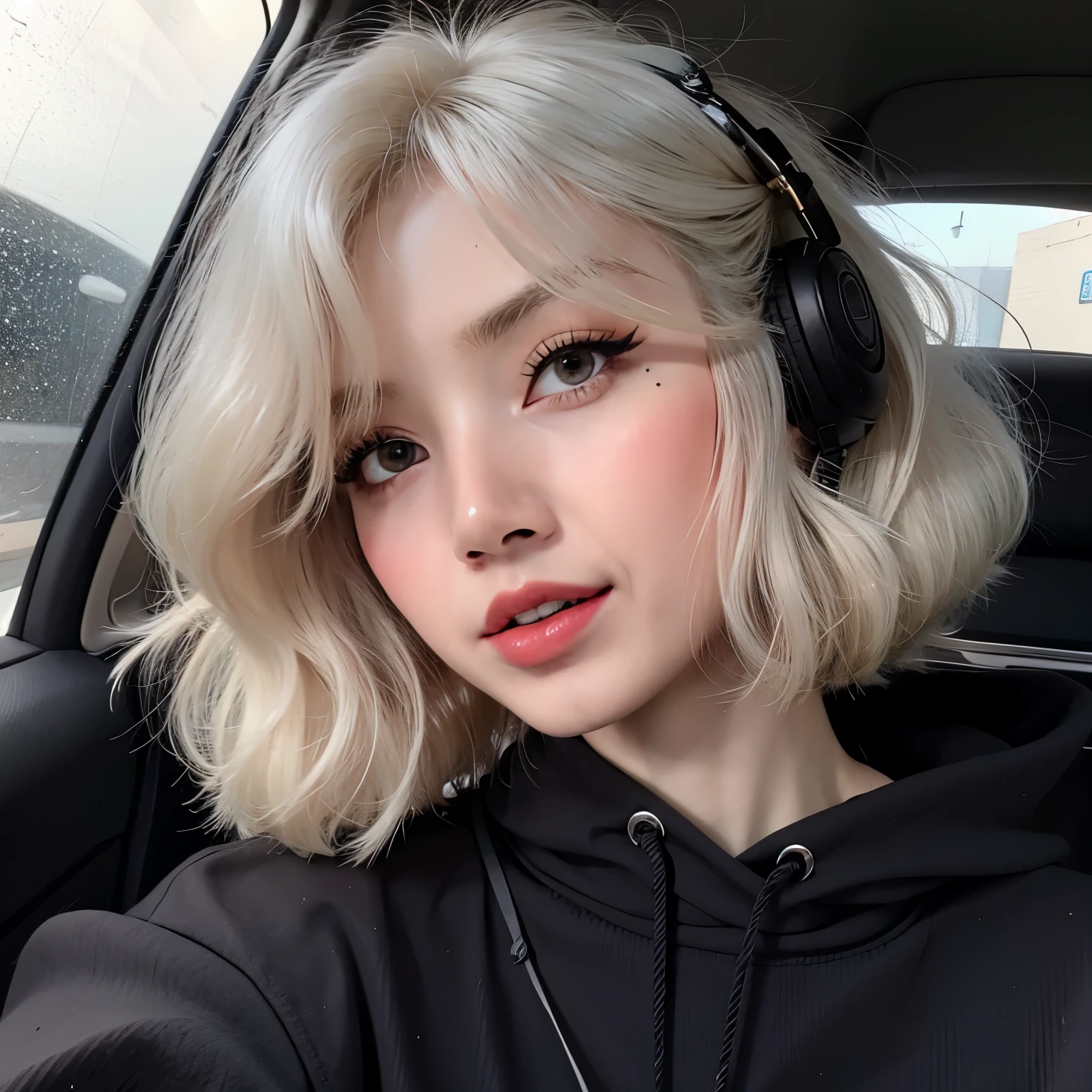 um close de uma pessoa usando fones de ouvido em um carro,  com cabelo branco curto, perfect cabelos brancos girl,  cabelo prateado, cor de cabelo branco,  com cabelo branco, her hair is white, cabelo branco cacheado, lindo cabelo branco, penteado com corte hime branco, messy wavy white hair, garota de cabelo prateado, cabelo branco prateado, uma garota tem cabelo branco, cabelos brancos