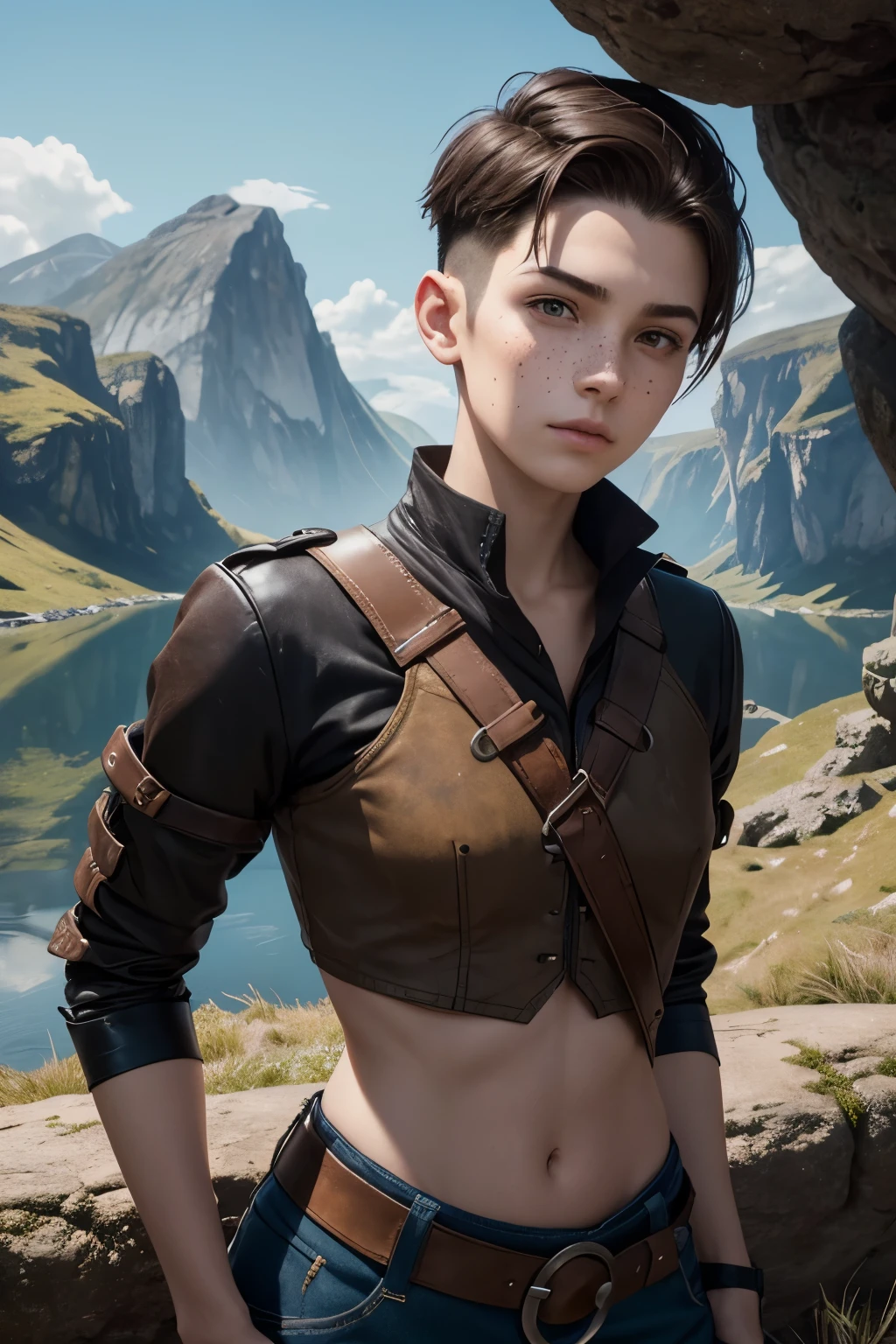 A young androgynous woman with a undercut. Kind. Friendly. Tomboyish. Happy. Skinny. Very short manly haircut. Dark-brown hair. Sides shaved, undercut. Very pale skin with freckles and liverspots. A soft round face with freckles and liverspots. Upturned dark-brown eyes. Very thin and barley visible eyebrows. A long and wide nose. Wide curved lips. Round chin. Slim body. . Wide hips. Thick legs. Used dirty medieval clothing of a lonley ranger and wanderer with tight trousers. Beautiful bright fantasy landscape in the background with shiny forest and rivers. 