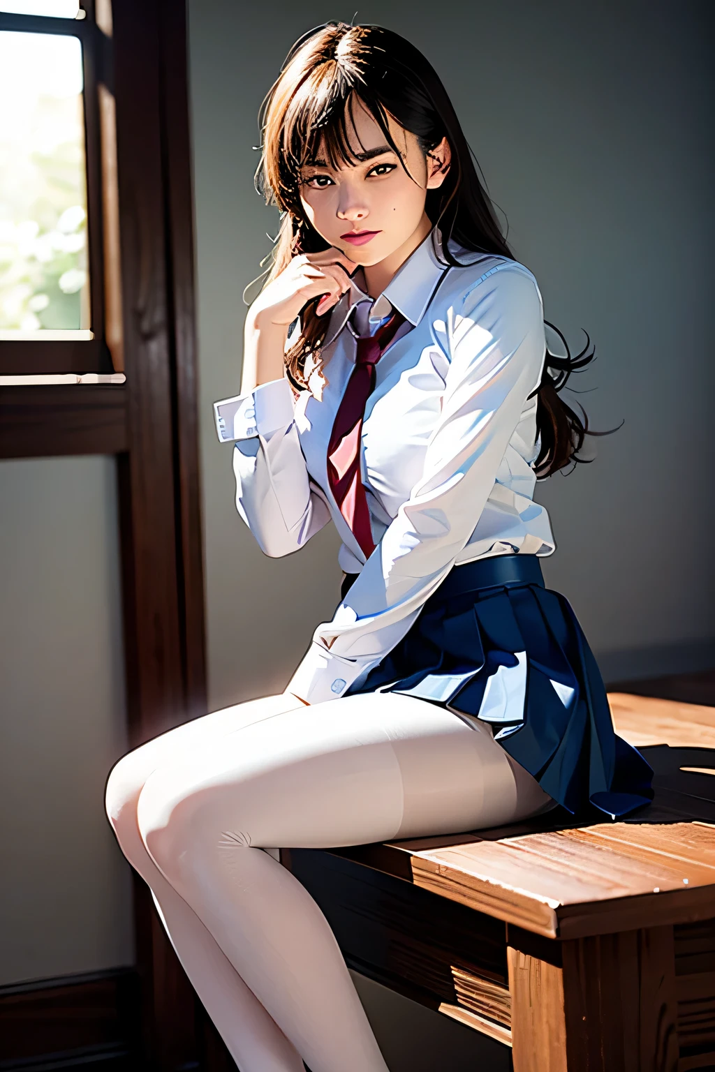 ((highest quality)), ((masterpiece)), 8K, inside the classroom, 1 girl,big breasts,black hair,bangs,ponytail,uniform,white dress shirt,beige sweater,black skirt,black tights,black pantyhose,sitting in a chair,spread your legs wide,open the thighs,M-shaped spread leg pose,pants through tights,show your pants,show off your pants,Clothes get wet and see through