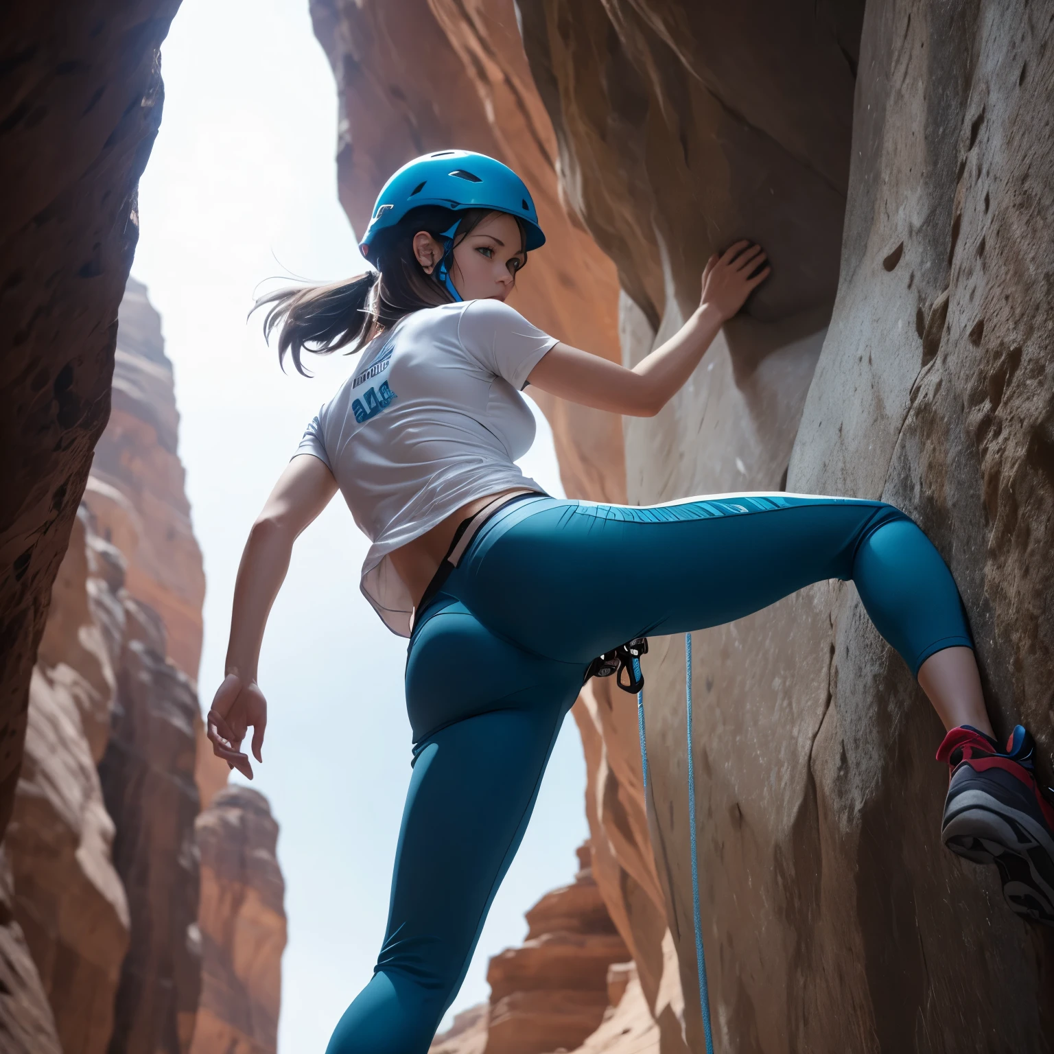 Jill Valentine, blue eyes, short straight hair, cute, athletic pants and t-shirt, athletic body, rock climbing, canyon, red rock, determined expression, happy, climbing helmet, from below