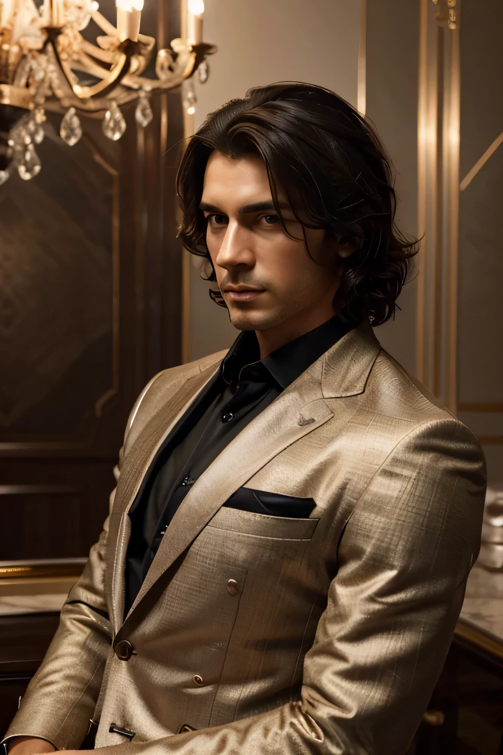 1 Man (luxurious clothes, medium hair, classy, elegant, luxurious, and serious appearance, dark hair, stylish and elegant, and model-like body) (Realistic and high quality, best quality, 8k, Masterpiece, portrait)