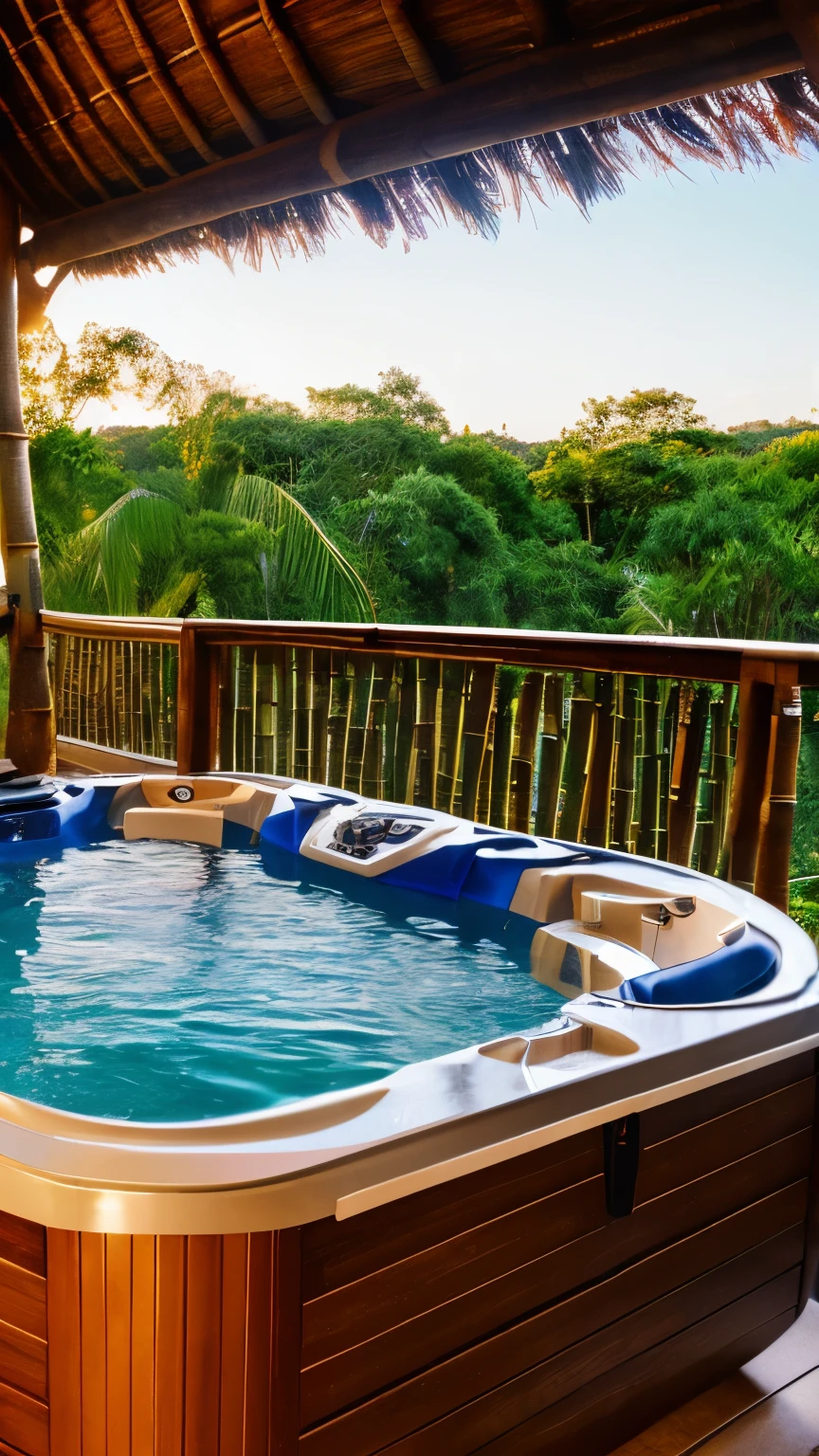 (((Masterpiece))), best quality, ultra-detailed CG unity 8k wallpaper, hot tub on a balcony in a bamboo treehouse.