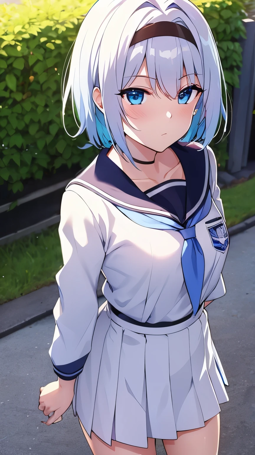 sora_ginko, blue eyes, silver hair, small breast, school uniform