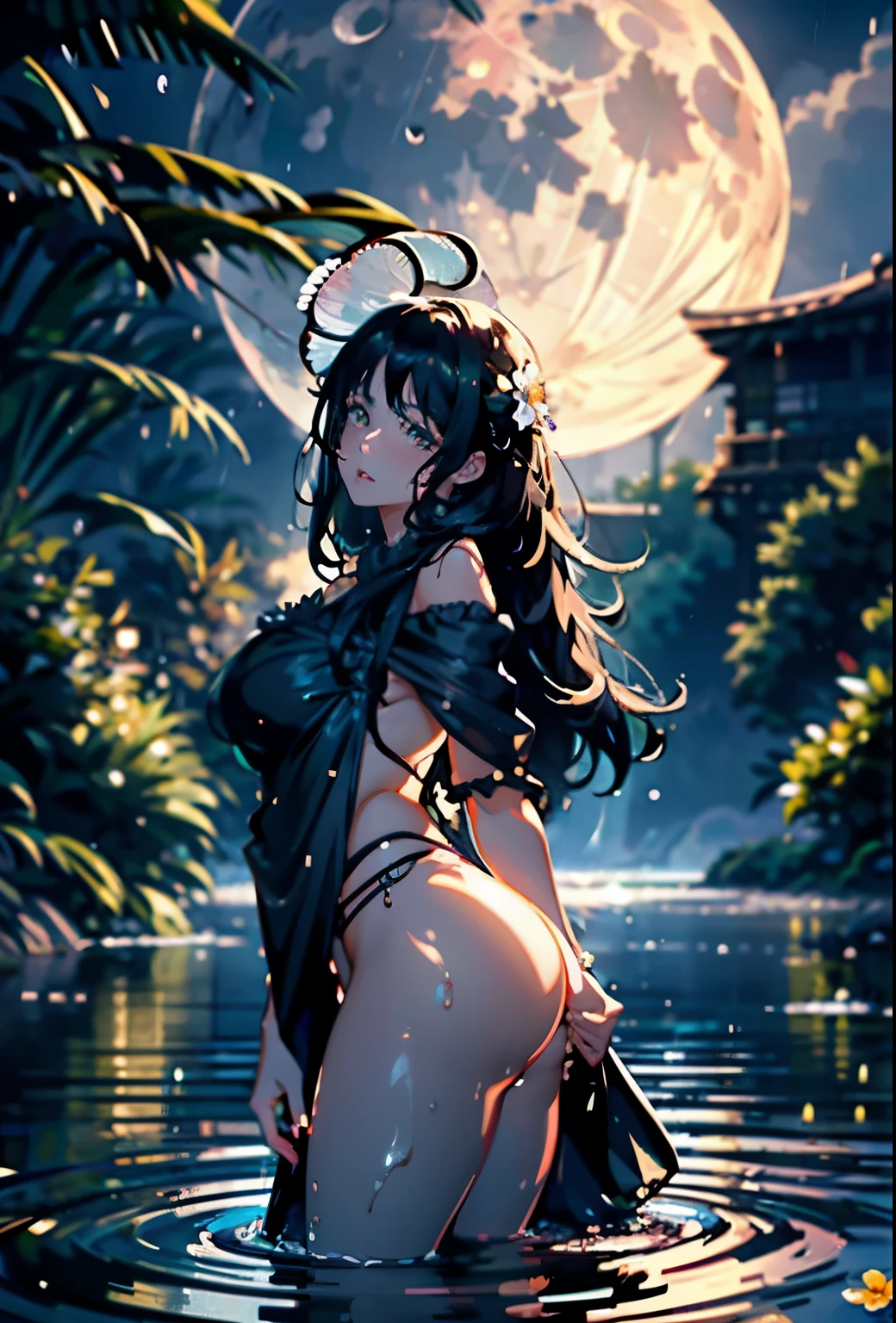 1girl, breasts, moon, lantern, night, solo, large breasts, hair ornament, wet, naked, wading, water, hair flower, flower, outdoors, sky, full moon, rain, black hair, off shoulder, mountain, cloud, holding, bare shoulders, paper lantern, standing, night sky, sideboob, obi, wet pussy, bangs, tree, from side, reflection, short hair, cloudy sky, wet hair (((masterpiece),(extremely detailed CG unity 8k wallpaper),best quality,,solo,1girl,cinematic lighting,detailed background,beautiful detailed eyes,bright pupils, (an extremely delicate and beautiful),(Beautiful and detailed eye description), ultra-detailed,masterpiece,)),