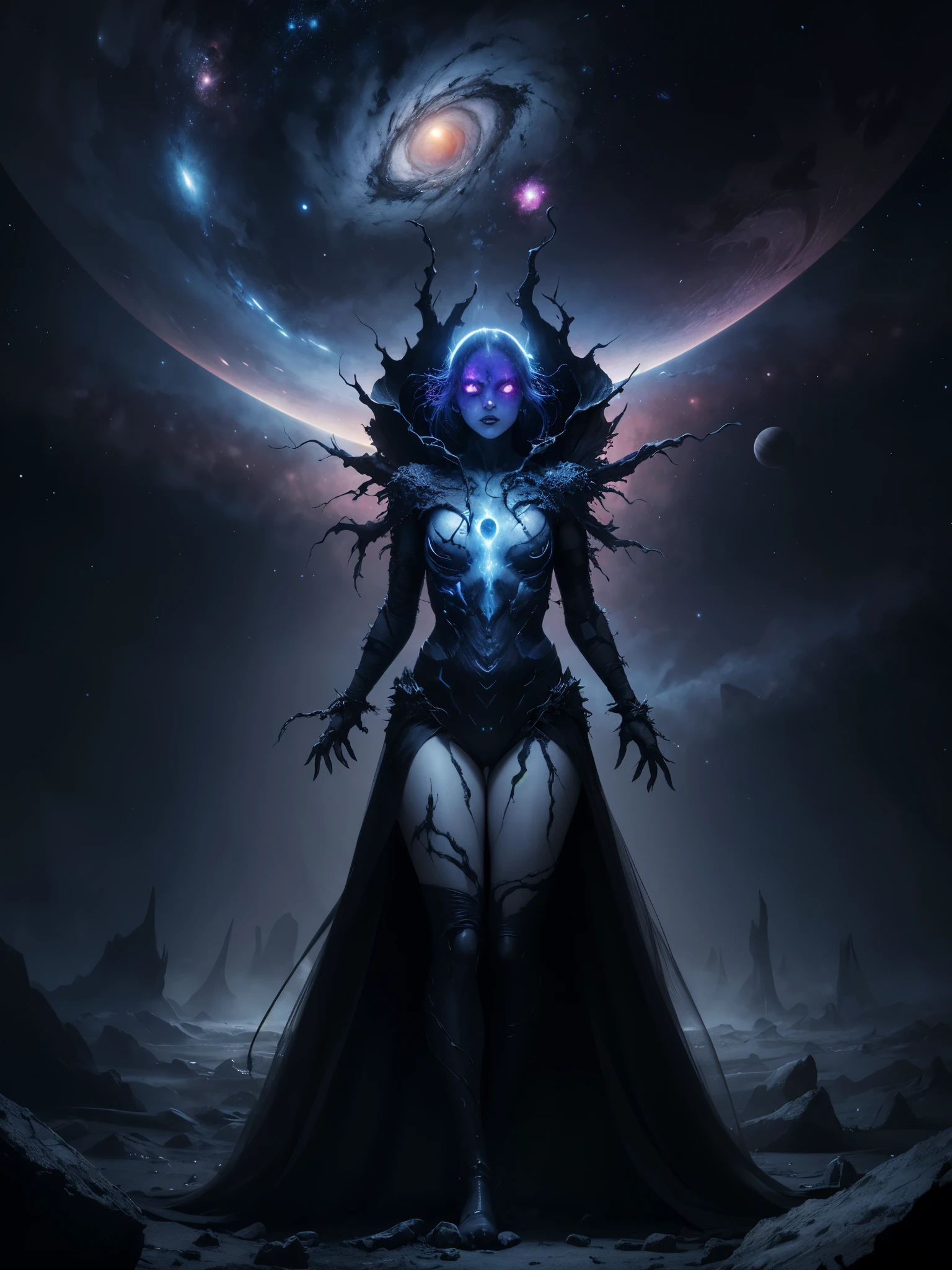 1girl, (full body:0.6), nightmare nebula conqueror, dark art style, cosmic nightmare, colossal, tendrils of darkness cosmos, planets, surreal dreamscape, horror, despair, masterpiece, high quality, super details, 8k, sexy,