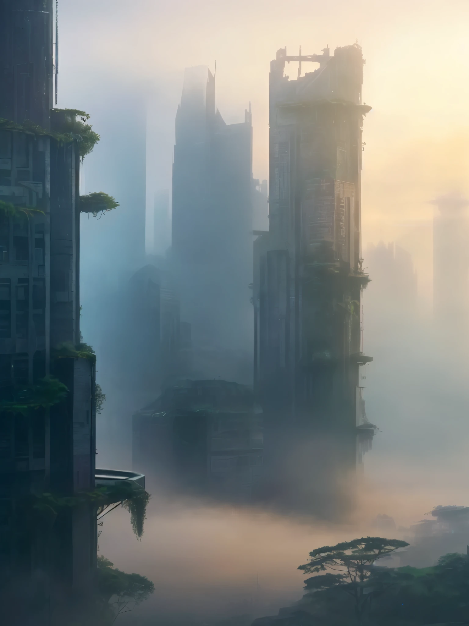 there is a picture of a city with tall buildings in the fog, foggy dystopian world, bladerunner city landscape, dystopian city, dystopin future, an abandoned dystopian city, futuristic dystopian city, photo of futuristic cityscape, in a tropical and dystopic city, dystopia city, mist below buildings, dystopian cyberpunk city, post apocalyptic coruscant, dystopian environment