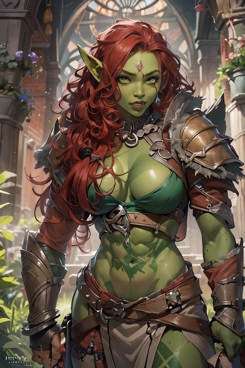 ((Beautiful female orc, green skin, slightly muscular, tall, long red curly hair, emerald green eyes)), chainmail armored Bard costume, amazing beautiful athletic toned body, at the overgrown cannabis sativa ruins of a medieval castle, runic body tattoos, Beautiful D&D Character Portrait, Dark Fantasy, Beautiful, Hyperdetailed, Intricate, Detailed, Reflections, Glossy, Sensual Pose, Suggestive Pose, Full Body Shot, anatomically correct, 💖❤💕💋❣