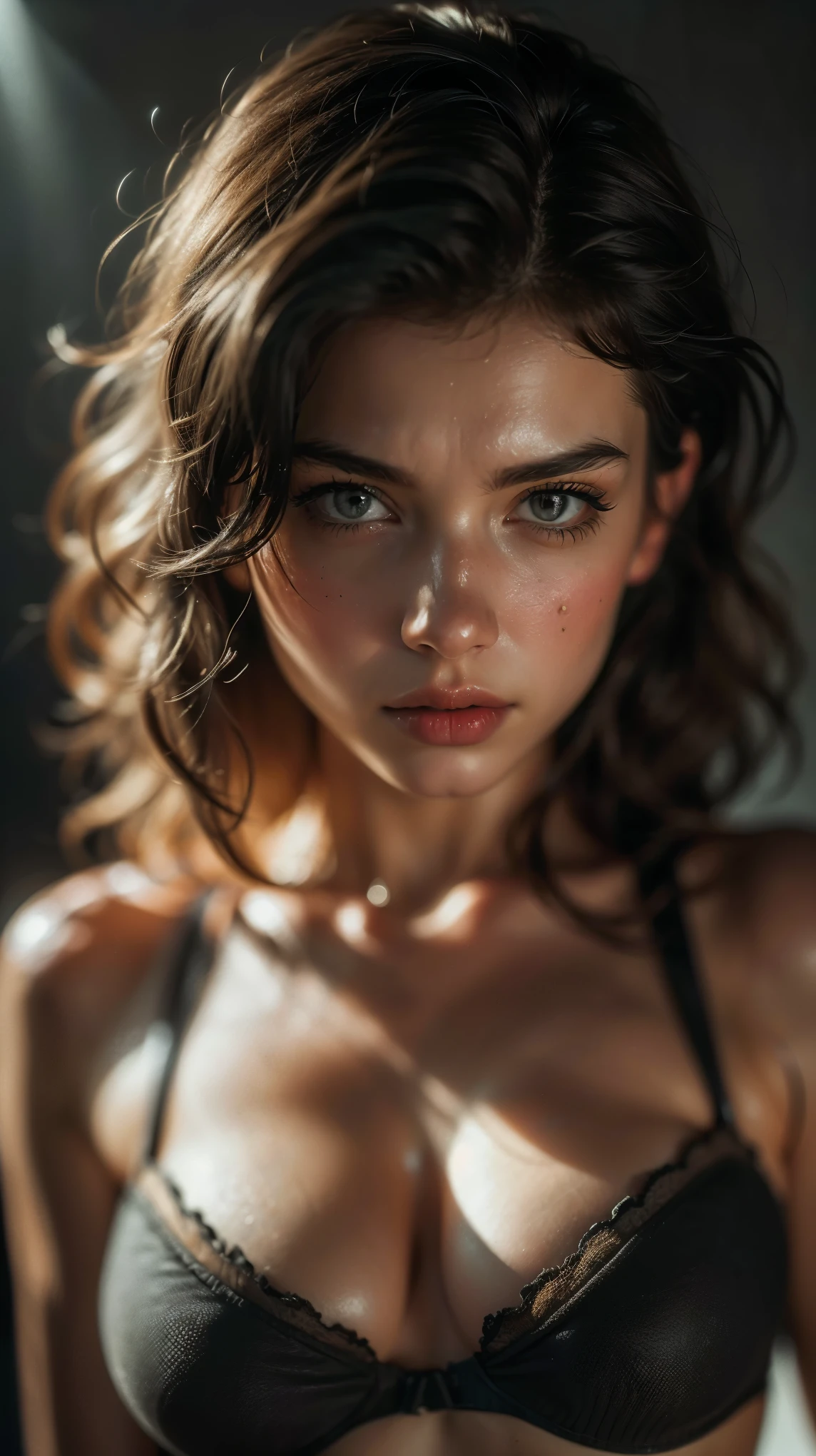 (((ultra realistic))) Photo, masterpiece, top quality, (pale skin), (Ultra detailed face and eyes:1.2), Bright eyes, 1 girl, brassiere, Dark background, (Eye makeup, mascara) , ((Dark wavy hair)) , ((Stylish hairstyle)) , (Natural breasts), ((Posing)), photoshoot, studio (Contour lighting), (The play of light and shadows), depth of field, bokeh, (special attention to skin detail: 1.2), Detailed leather texture, skin pores. ((Dark and gloomy atmosphere of the frame. color scheme - black, Gray, ash tones)), ((Film grain, VHS effect)), ((rays)) , ((waist up portrait, close to the camera)) , ultra detialed,
