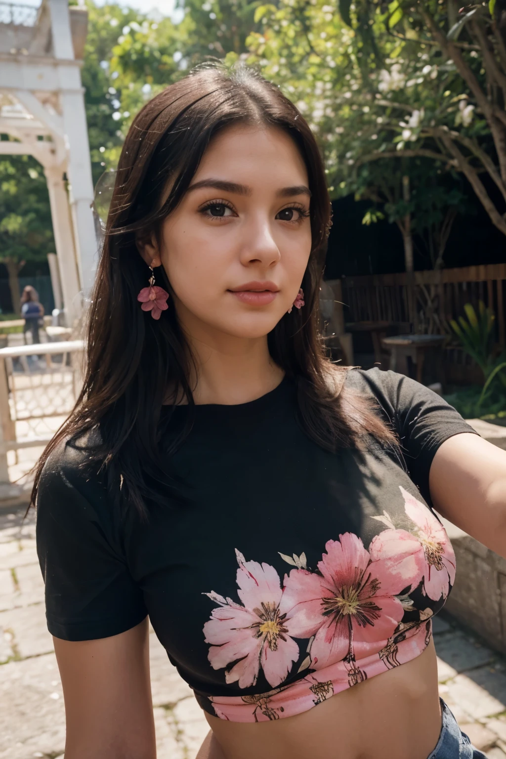 RAW photo in sequence, a photo of a 23 year old woman, ((upper body selfie, happy)), detailed face, medium breasts, slightly blurred detailed backgrounds, natural lights, HDR, realistic photo, professional photo , camera as a spectator, sexy visual, photorealistic, Cute, long black hair, 8k UHD, high quality, filmic grain, Fujifilm XT3, pink round neck t-shirt with flower screen printing, earrings, curvy body,