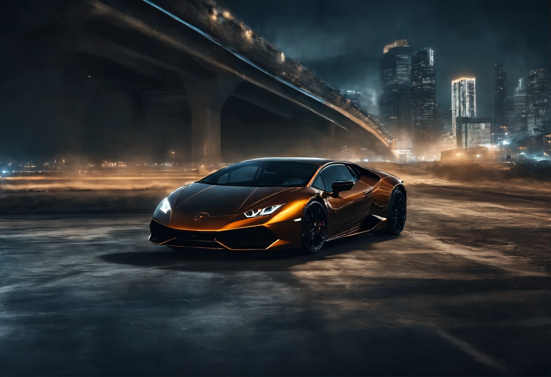 (Best quality, 8k, Masterpiece :1.2), hyper realistic, at a mountain, an detailed orange lamborghini huracan, Speeding on the highway, (Facing the audience), The blue skyscraper in the background, at night,