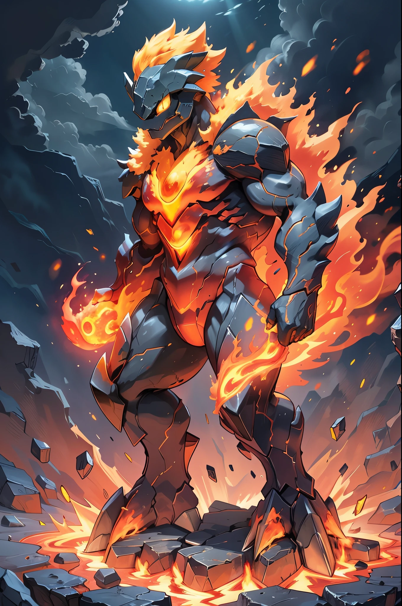 Lava Beast,breathing fire,burning,campfire,claws,embers,endeavor \(boku no hero academia\),explosion,fiery hair,fire,flame,flaming weapon,full body,glowing,mecha,molten rock,no humans,open mouth,orange eyes,pyrokinesis,samus aran,simple background,solo,tail-tip fire,white background