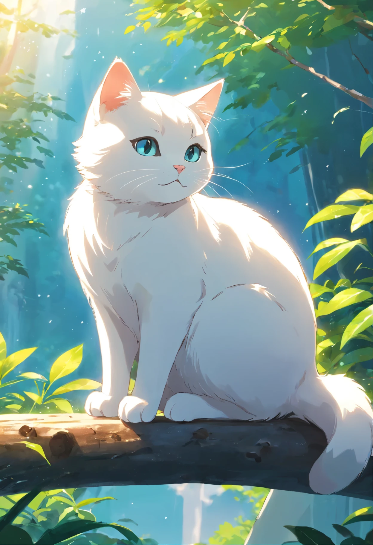 a white cat with a heart in its paws sitting on a branch, vector art by Martina Krupičková, shutterstock, process art, a cute cat, kawaii cat, cute cat, cat design, illustration of a cat, happy cat, anime visual of a cute cat, cute digital art, fluffy cat t - shirt design, anthropomorphic cat