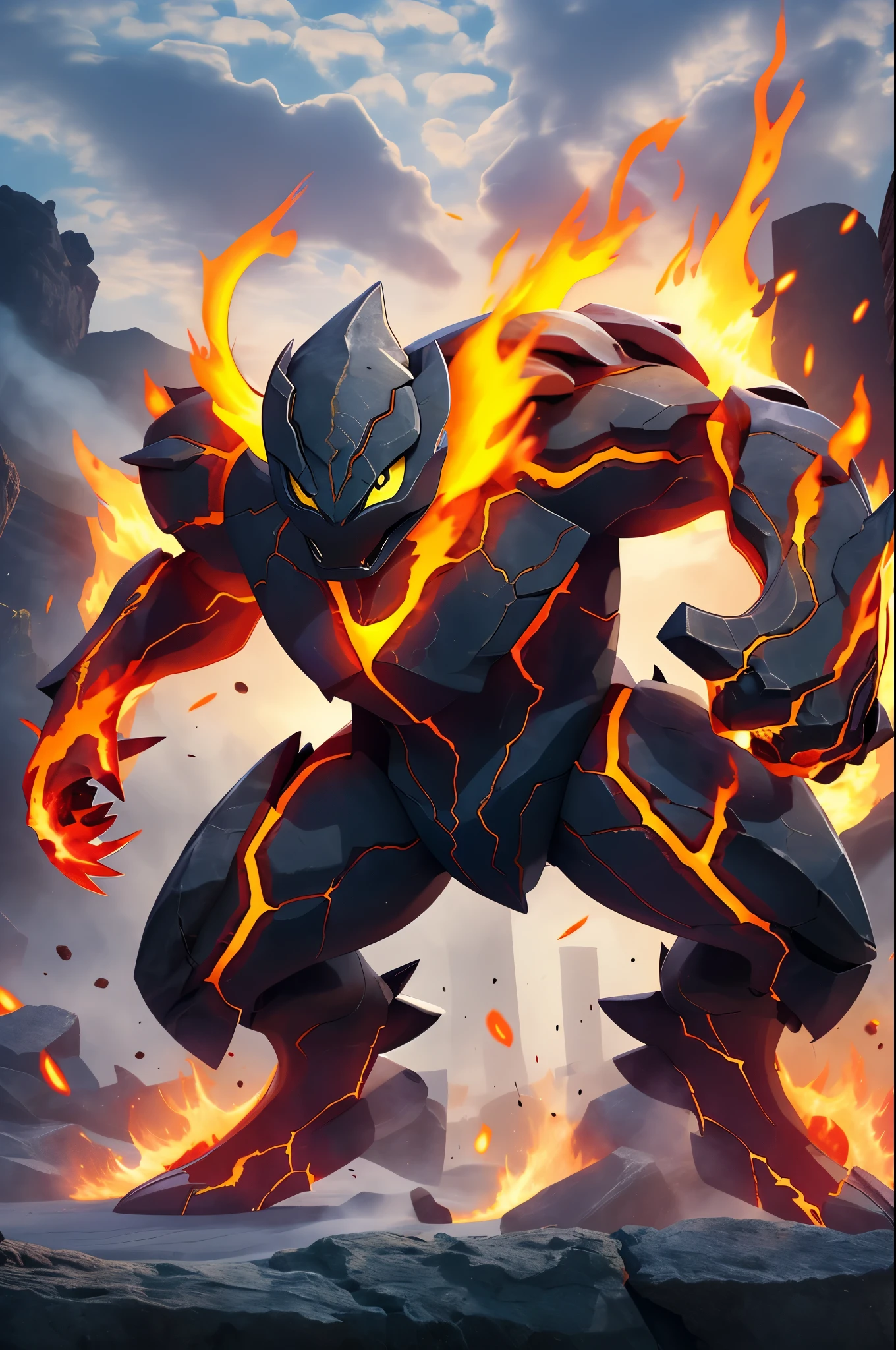 Lava Beast,breathing fire,burning,campfire,claws,embers,endeavor \(boku no hero academia\),explosion,fiery hair,fire,flame,flaming weapon,full body,glowing,mecha,molten rock,no humans,open mouth,orange eyes,pyrokinesis,samus aran,simple background,solo,tail-tip fire,white background