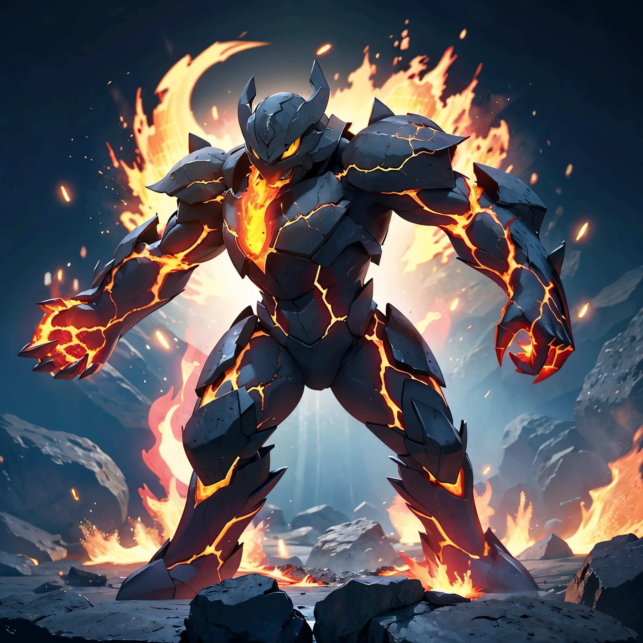 Lava Beast,breathing fire,burning,campfire,claws,embers,endeavor \(boku no hero academia\),explosion,fiery hair,fire,flame,flaming weapon,full body,glowing,mecha,molten rock,no humans,open mouth,orange eyes,pyrokinesis,samus aran,simple background,solo,tail-tip fire,white background