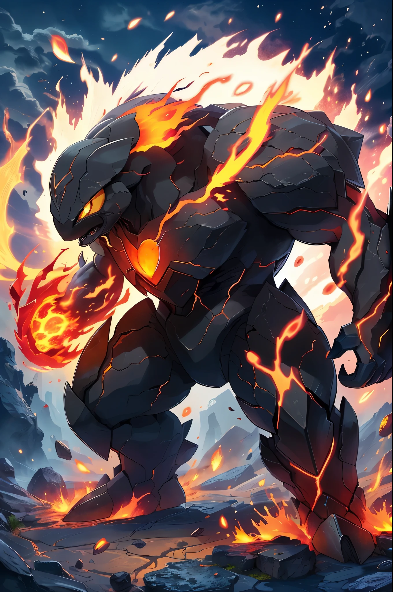 Lava Beast,breathing fire,burning,campfire,claws,embers,endeavor \(boku no hero academia\),explosion,fiery hair,fire,flame,flaming weapon,full body,glowing,mecha,molten rock,no humans,open mouth,orange eyes,pyrokinesis,samus aran,simple background,solo,tail-tip fire,white background