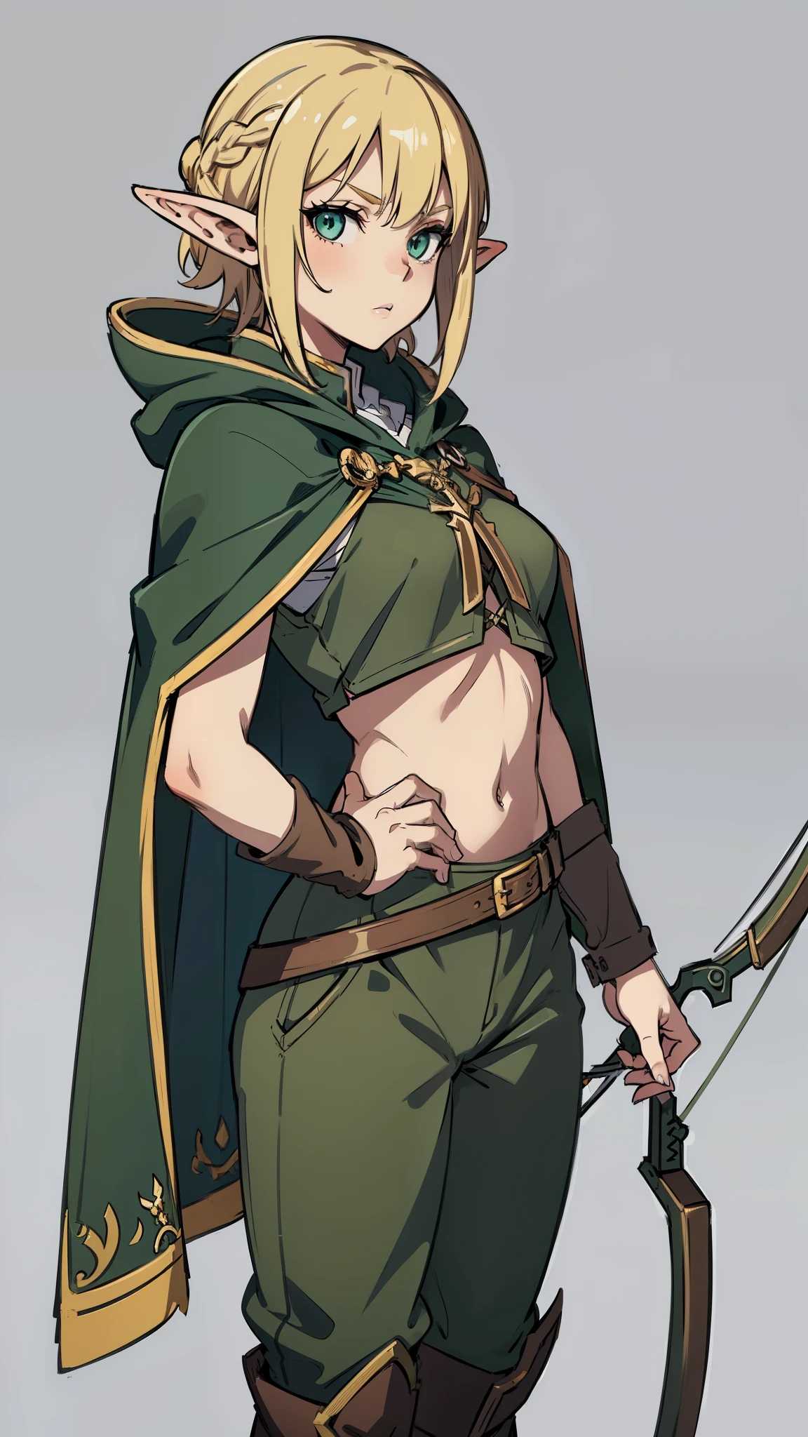 masterpiece, detailed, character, dungeons and dragons character, 1girl, elf girl, elf ranger, elf hunter, (golden blonde) medium-short hair, (hair braid), cute face, detailed face, detailed eyes, green eyes, ((holding long crossbow in hands:1.1)), (wearing fantasy (forest elf (ranger outfit)), brown pants, green jacket, cool croptop, outfit with cape and hood), ((simple background, grey color background))