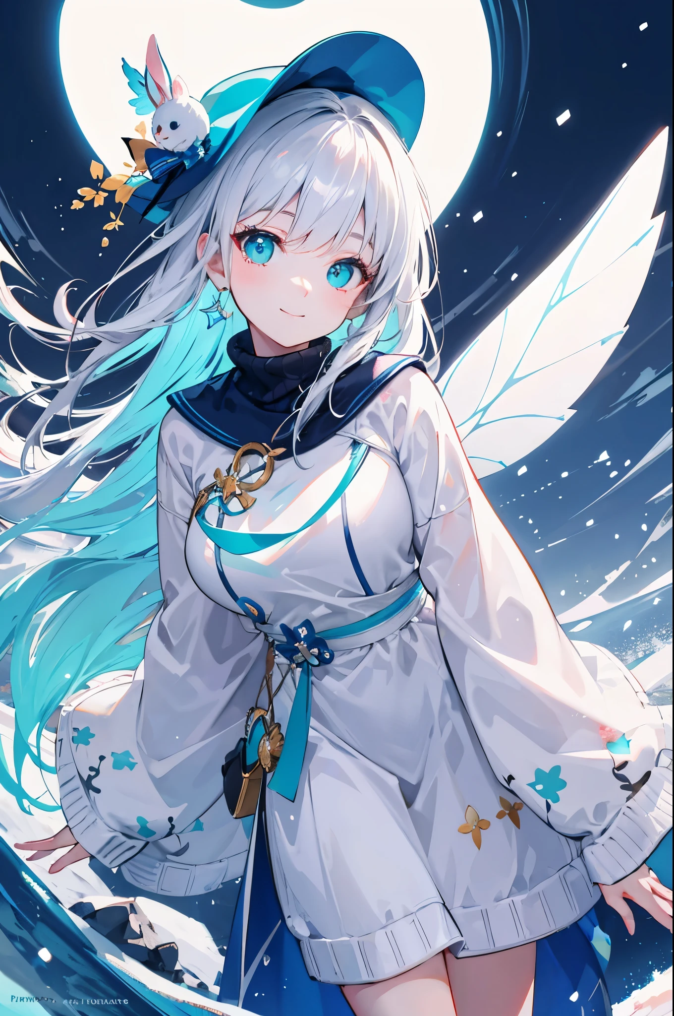A winter full of regrets, drifting snow, a super cute little Pixar style white fairy rabbit, shiny snow white fluffy, bright big eyes, fluffy tail, wearing a cyan sweater, wearing a cyan hat, smiling, exquisite and sophisticated, fairy tale, incredibly high detail, Pixar style, bright colors, natural light, simple background with solid colors, 5 and octane rendering, trending in Artstation, gorgeous, ultra wide angle, 8K, HD realistic, 8K HD, moving pictures, v 4 q 2 2
