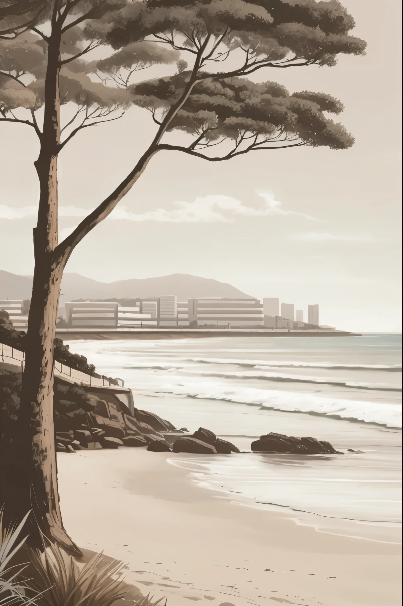 painting of a tree on a beach with a city in the background, illustration matte painting, landscape illustration, stylised illustration, long beach background, commercial illustration, a digital painting, painting of, scenery artwork, detailed digital illustration, high quality digital painting, by Manuel Franquelo, environment design illustration, marbella landscape, beach landscape, matte painting comic book art