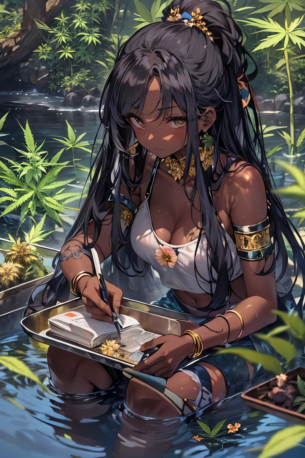 ((dark-skinned ((メスガキ ビッチ)) student)) with long braided hair sitting in a mystical bathhouse with her pretty feet in water kicking water while writing in her journal, wearing golden bracelets and anklets, wearing tattered fishnet stockings, ((glass rolling tray with cannabis sativa flower nugs and unfurled tea leaves next to her)), high quality photo, in the middle of the Tokyo cannabis forest behind her