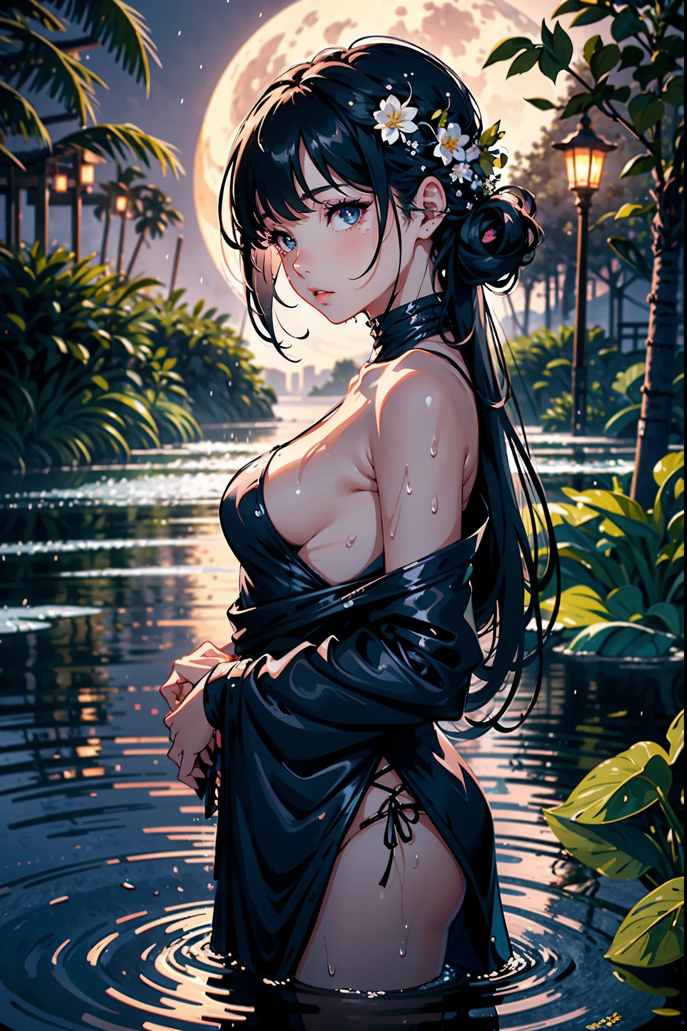 1girl, breasts, moon, lantern, night, solo, very small breasts, hair ornament, wet, naked, wading, water, hair flower, flower, outdoors, sky, full moon, rain, black hair, mountain, cloud, holding, bare shoulders, paper lantern, standing, night sky, sideboob, wet pussy, bangs, tree, from side, reflection, long hair, cloudy sky, wet hair (((masterpiece),(extremely detailed CG unity 8k wallpaper),best quality,,solo,1girl,cinematic lighting,detailed background,beautiful detailed eyes,bright pupils, (an extremely delicate and beautiful),(Beautiful and detailed eye description)， ultra-detailed,masterpiece,)),