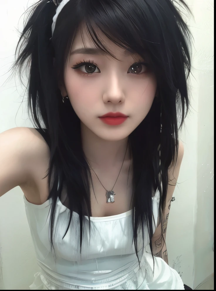 arafed girl with black hair and a white top posing for a picture, an emo girl, emo style, scene girl, emo makeup, black messy hair, 1 7 - year - old goth girl, punk hairstyle, emo anime girl, messy black hair, she has black hair, black hime cut hair, beautiful female punk, goth girl, black bangs, miyeon gidle