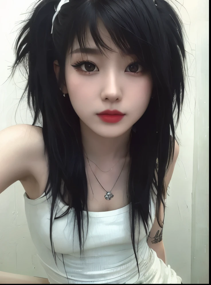 arafed girl with black hair and a white top posing for a picture, an emo girl, emo style, scene girl, emo makeup, black messy hair, 1 7 - year - old goth girl, punk hairstyle, emo anime girl, messy black hair, she has black hair, black hime cut hair, beautiful female punk, goth girl, black bangs, miyeon gidle