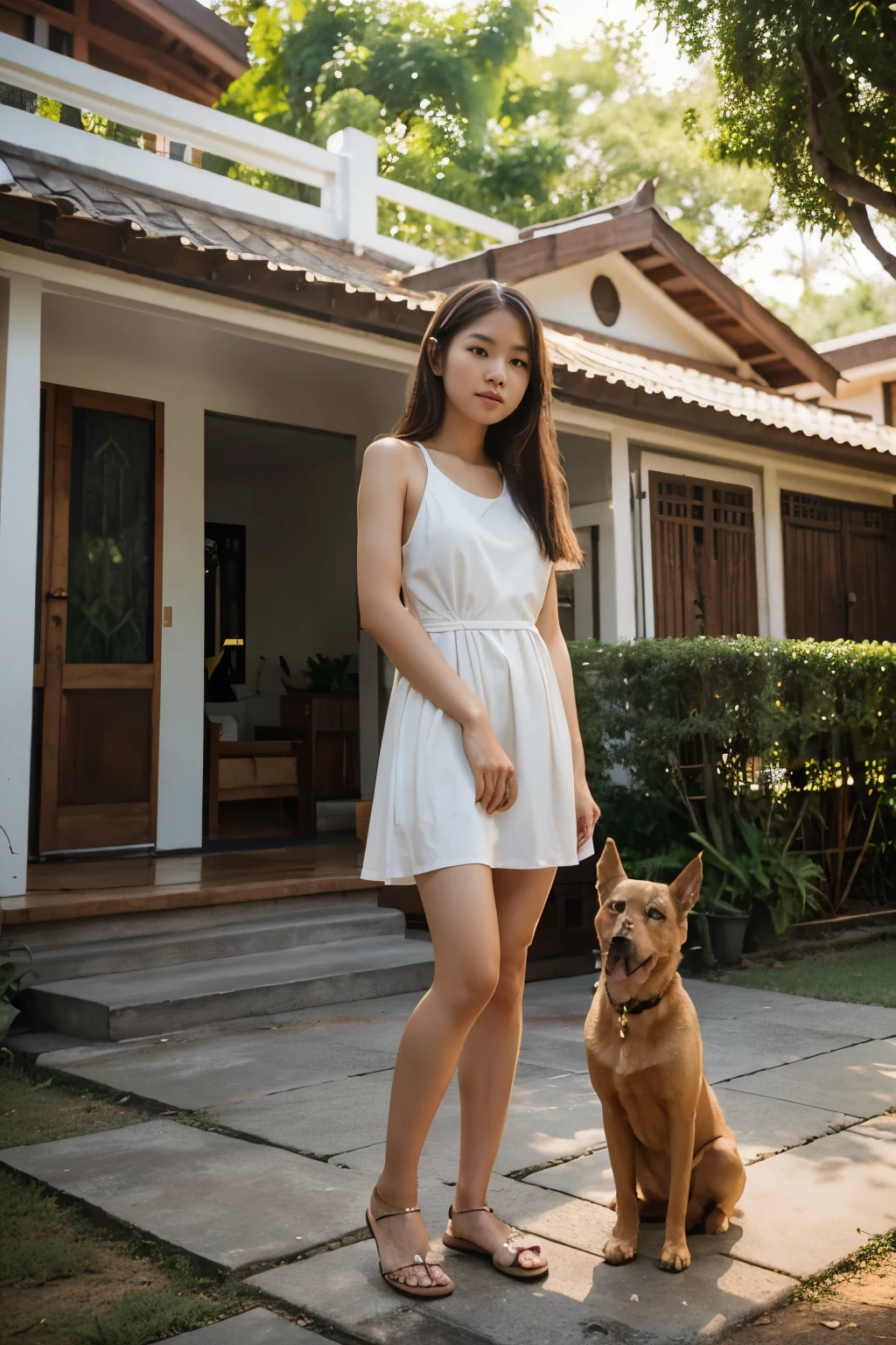 A cute Thai girl with white skin, long golden hair, beautiful slender legs, wearing a short dress, standing in front of the house with a Thai ridgeback dog.