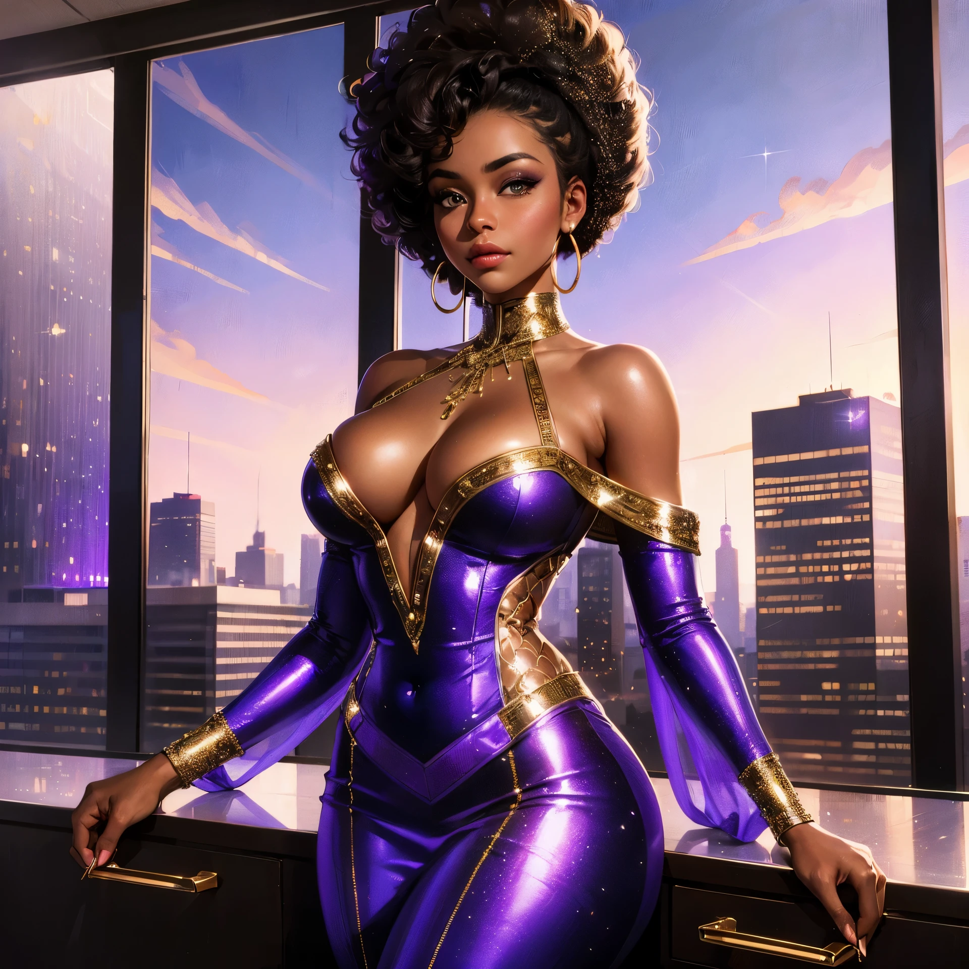 create an airbrush illustration of an african american beauty with luxurious glitter makeup, she is flawlessly dressed in a tailored off the shoulder zoot suit, she looks like a rich CEO, seductive smirk on her face, bougie diva vibes, high-rise office with lavish decor & panoramic windows, masterpiece, best quality:1.2),(8k,highres,RAW photo,realistic,photo-realistic:1.3),(detailed skin texture,detailed cloth texture,beautiful detailed face:1.25),professional lighting,photon mapping,beautiful soft light,radiosity,physically-based rendering,model shoot style, model shoot style, (extremely detailed CG unity 8k wallpaper), full shot body photo of the most beautiful artwork in the world, complex 3d render ultra detailed, looking at viewer, 18 yo, real human skin, vibrant details, hyperrealistic, beautiful, octane render, an extremely delicate and beautiful, extremely detailed ,CG ,unity ,wallpaper,Amazing, finely detail,official art,extreme detailed eyes, (perfect face), shiny skin, colorful, highest detailed, vibrant colors, ultra high res, (high contrast), intricate, lens flare, cameltoe, pubic hair, nippy