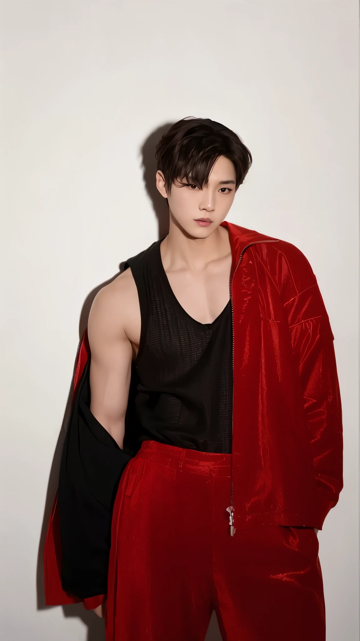A 17-year-old Korean boy showing his belly posing for photo shoots, fotografia, QG,  fundo liso, corpo inteiro, posing for a full-body photo shoot, posing for photo shoot, Jungkook taeyang jimim 1 boy 1 boy 1 homem coreano e masculino