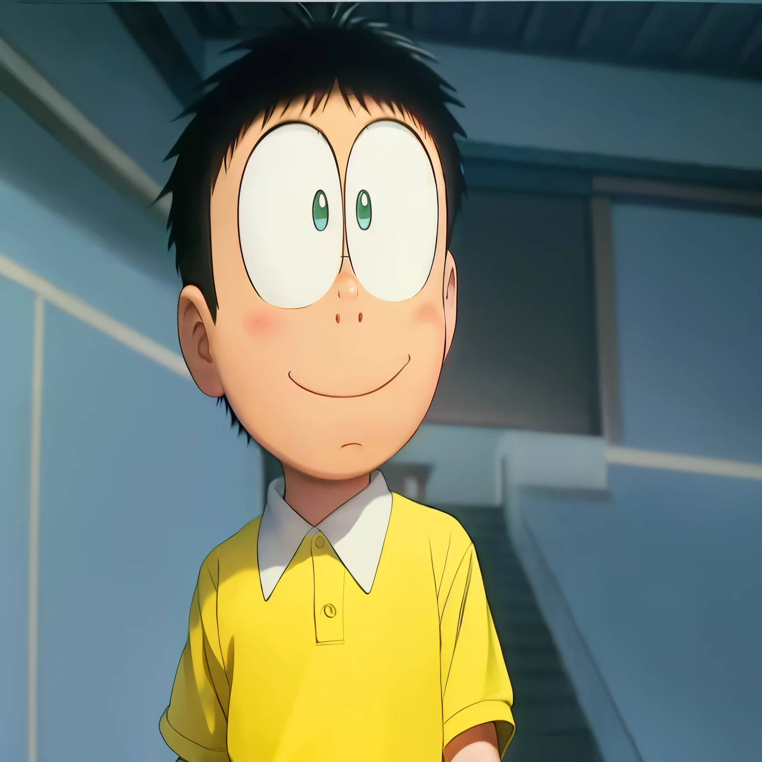 a close up of a character with a yellow shirt, doraemon, safebooru image, aramaki shinji, kentaro miura!, kentaro, as an character, in style of kentaro miura, shinichi sakamoto, mamoru hosoda, tezuka osamu, bokeh, background house in indonesia