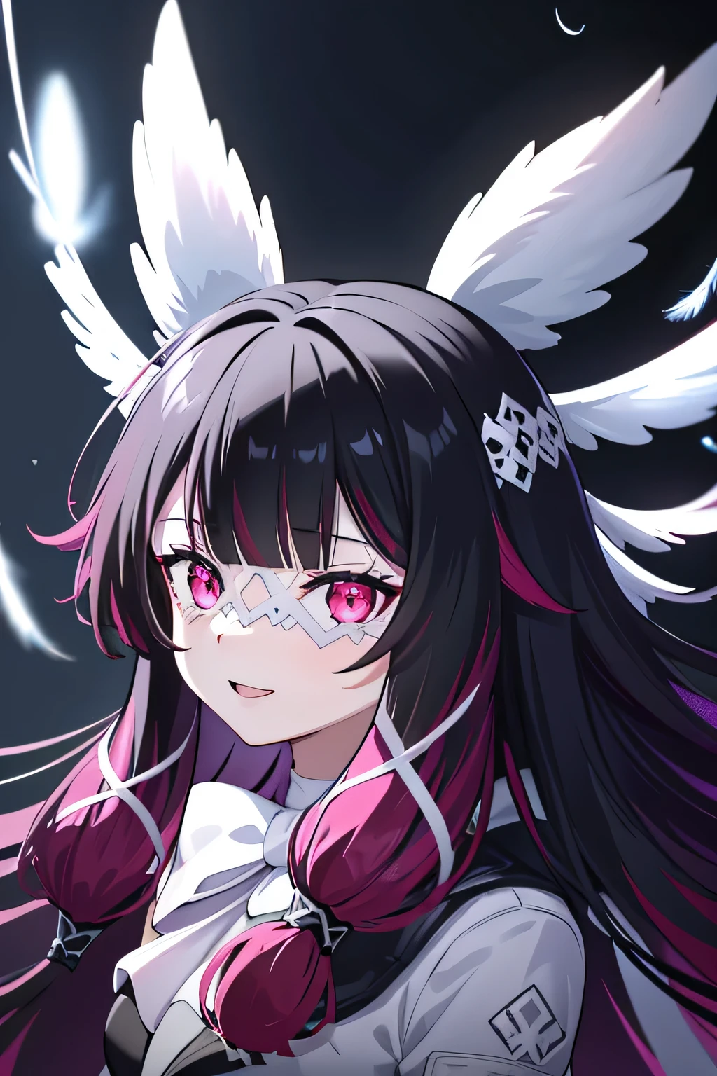 1girl, long hair, black hair, red hair, solo, open eyes, eye_mask, head wings, hair ornament, blunt bangs, light blue spotlight shining down, feathers, dark, falling feathers, evil, mysterious, black background, wind, smiling, jacket, top down view, view from above, wide bright neon pink eyes, looking at viewer, insane expression, crazy, glowing eyes, best resolutions, 8k resolutions, smile, feathered wings, wings armband